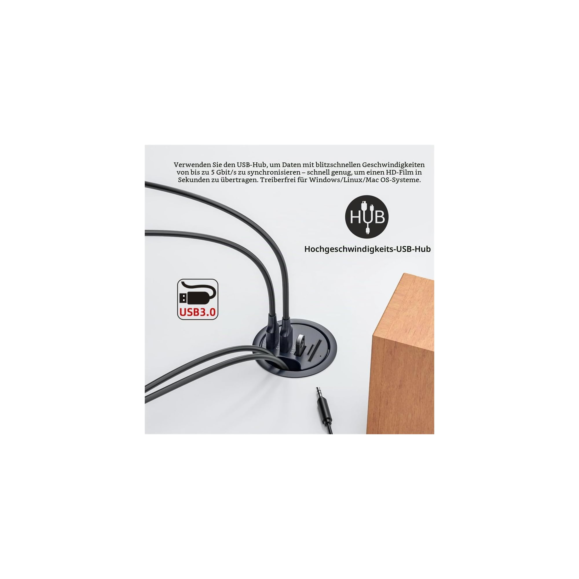 Ein Hochgeschwindigkeits-USB-Hub mit drei schwarzen Kabeln, die in eine schwarze Buchse führen.