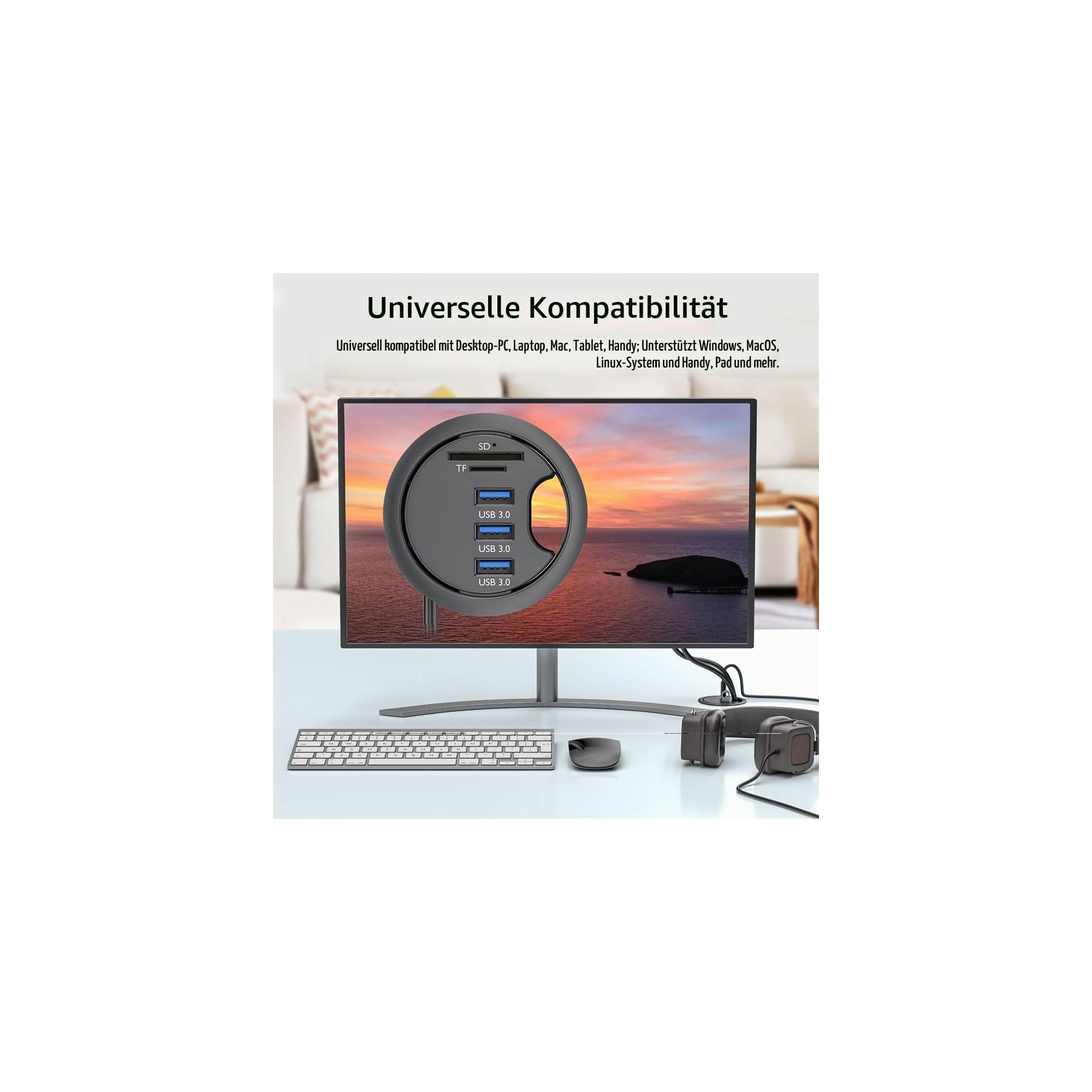 Ein Monitor zeigt ein Hub mit SD, TF und USB 3.0 Anschlüssen.