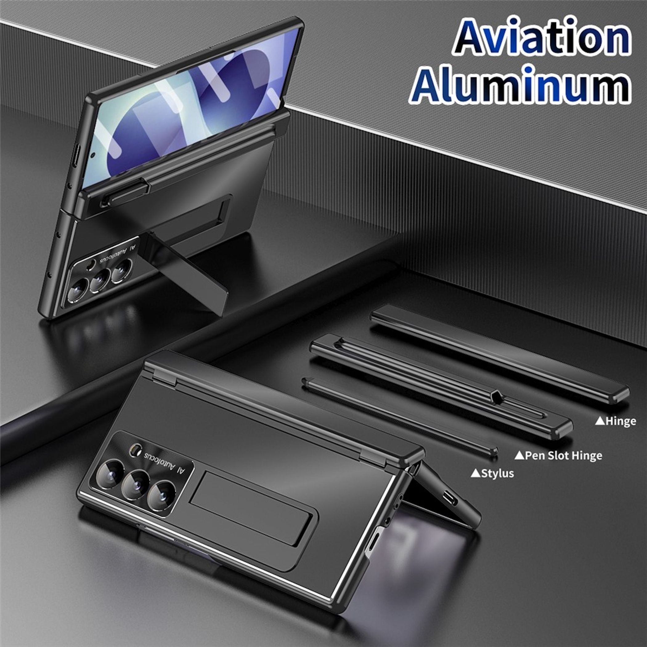 Schwarzes Handy mit Ständer, Stift und Scharnieren. "Aviation Aluminum".