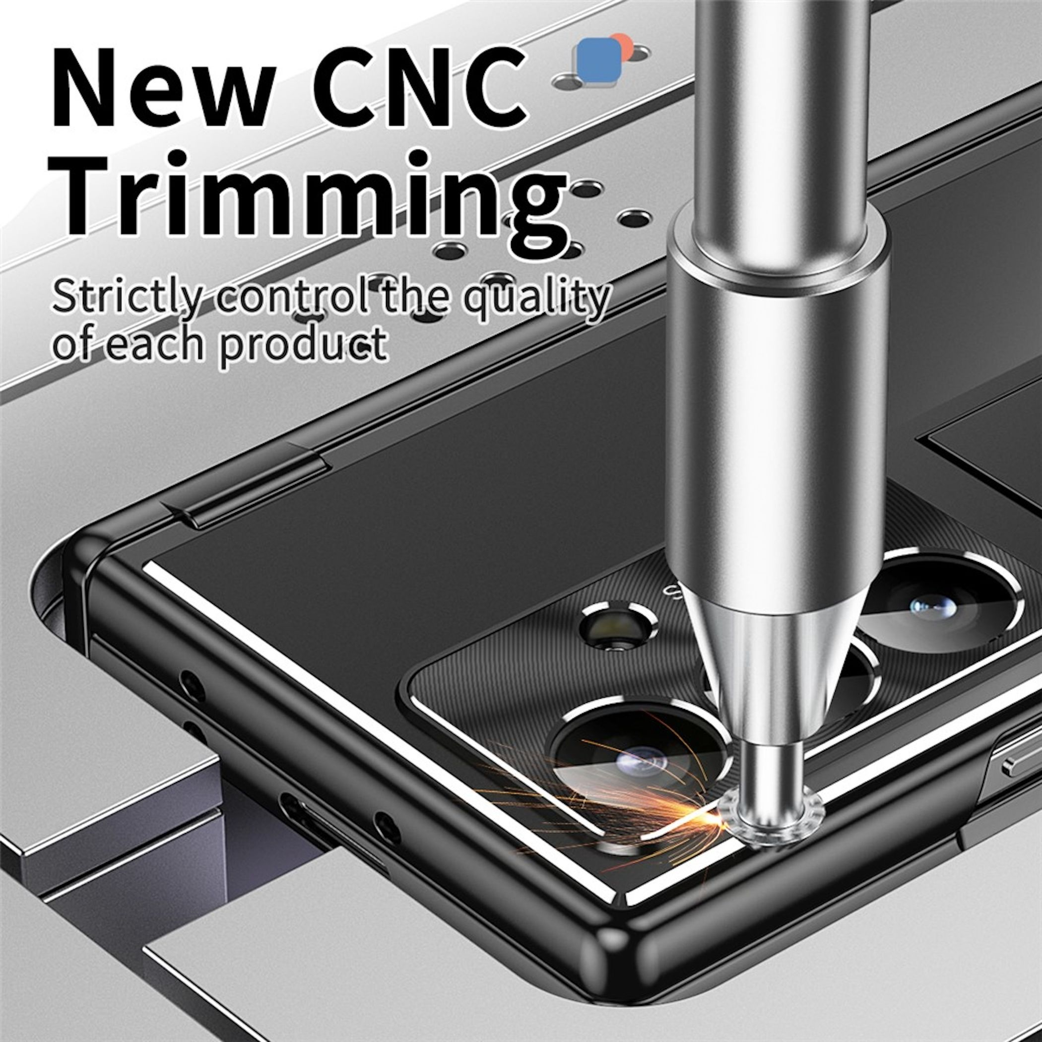 CNC-Fräsbearbeitung eines schwarzen Gehäuses mit Funkenflug.