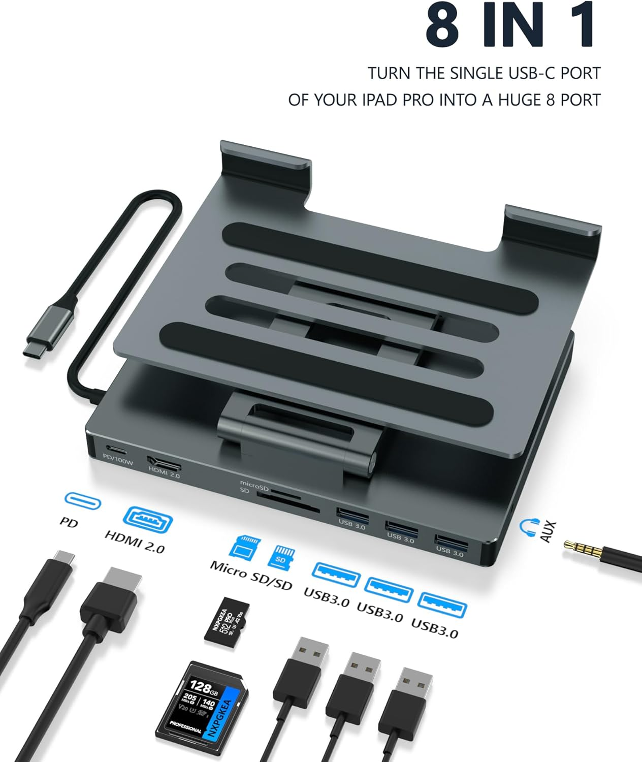 Grauer 8-in-1 USB-C-Hub mit Anschlüssen und Kabeln auf weißem Hintergrund.