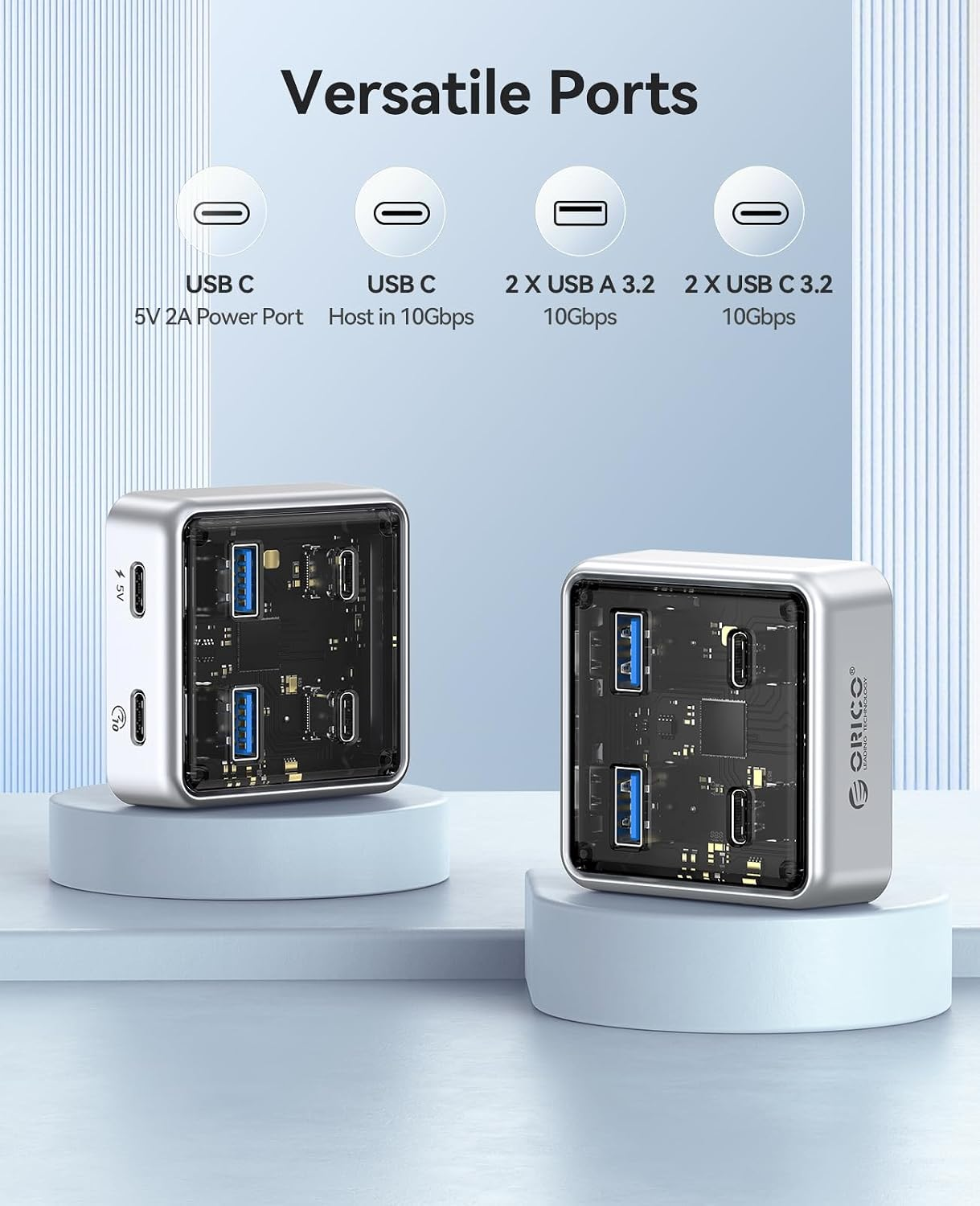 Zwei silberne USB-Hubs zeigen mehrere Anschlüsse: USB C, USB A 3.2 und USB C 3.2.