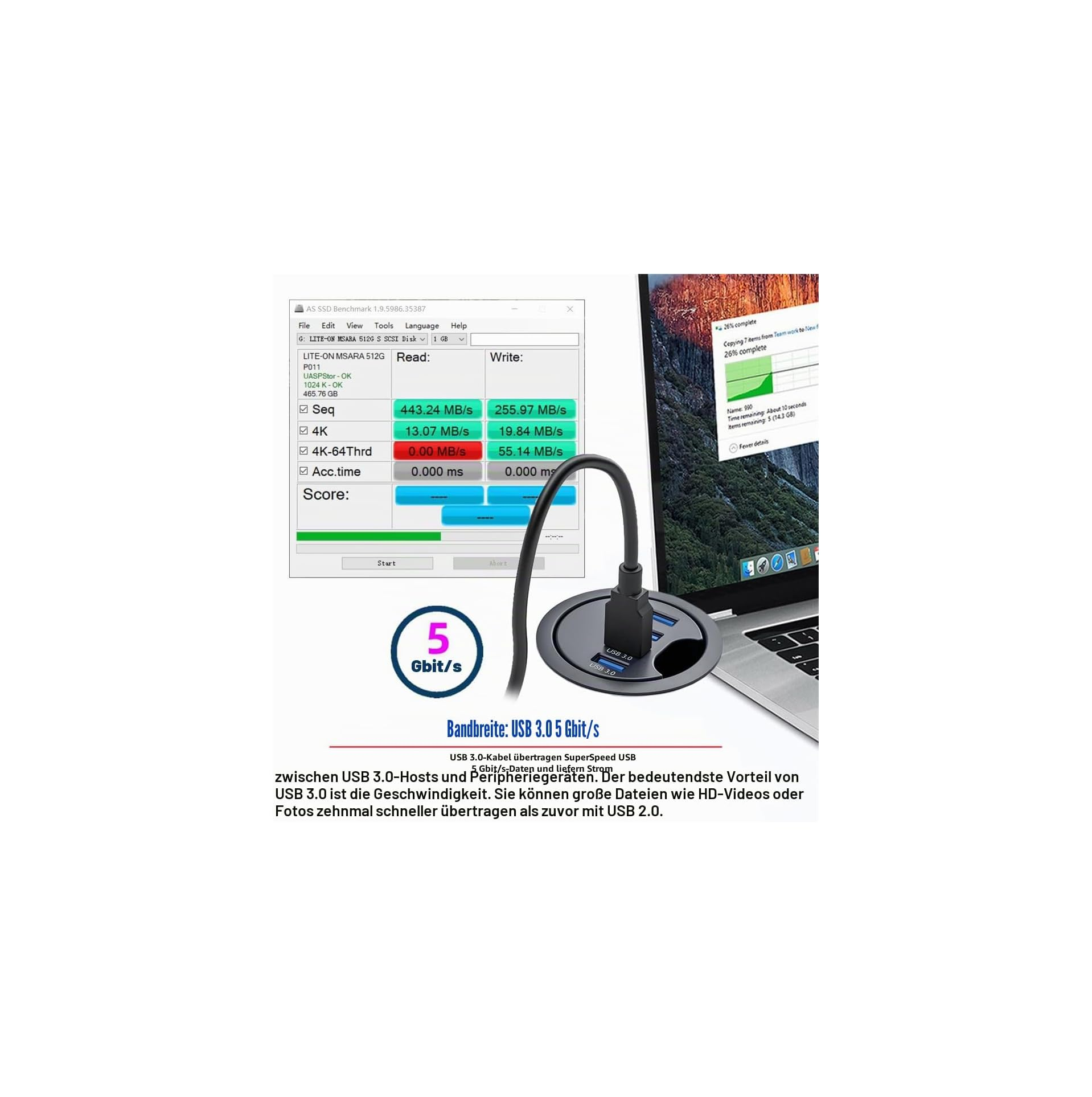 SSD-Benchmark-Software und USB 3.0-Anschluss mit 5 Gbit/s auf einem Laptop.