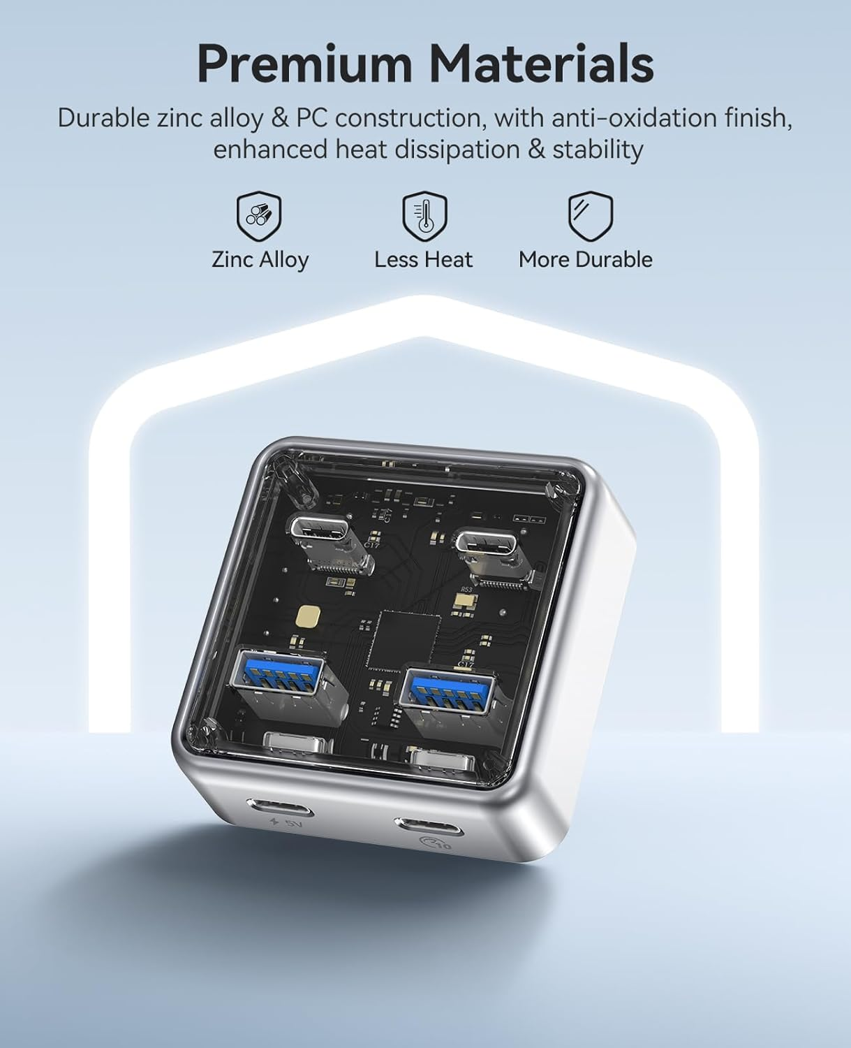 Ein silberner USB-Hub mit durchsichtiger Hülle zeigt interne Komponenten und blaue USB-Anschlüsse.