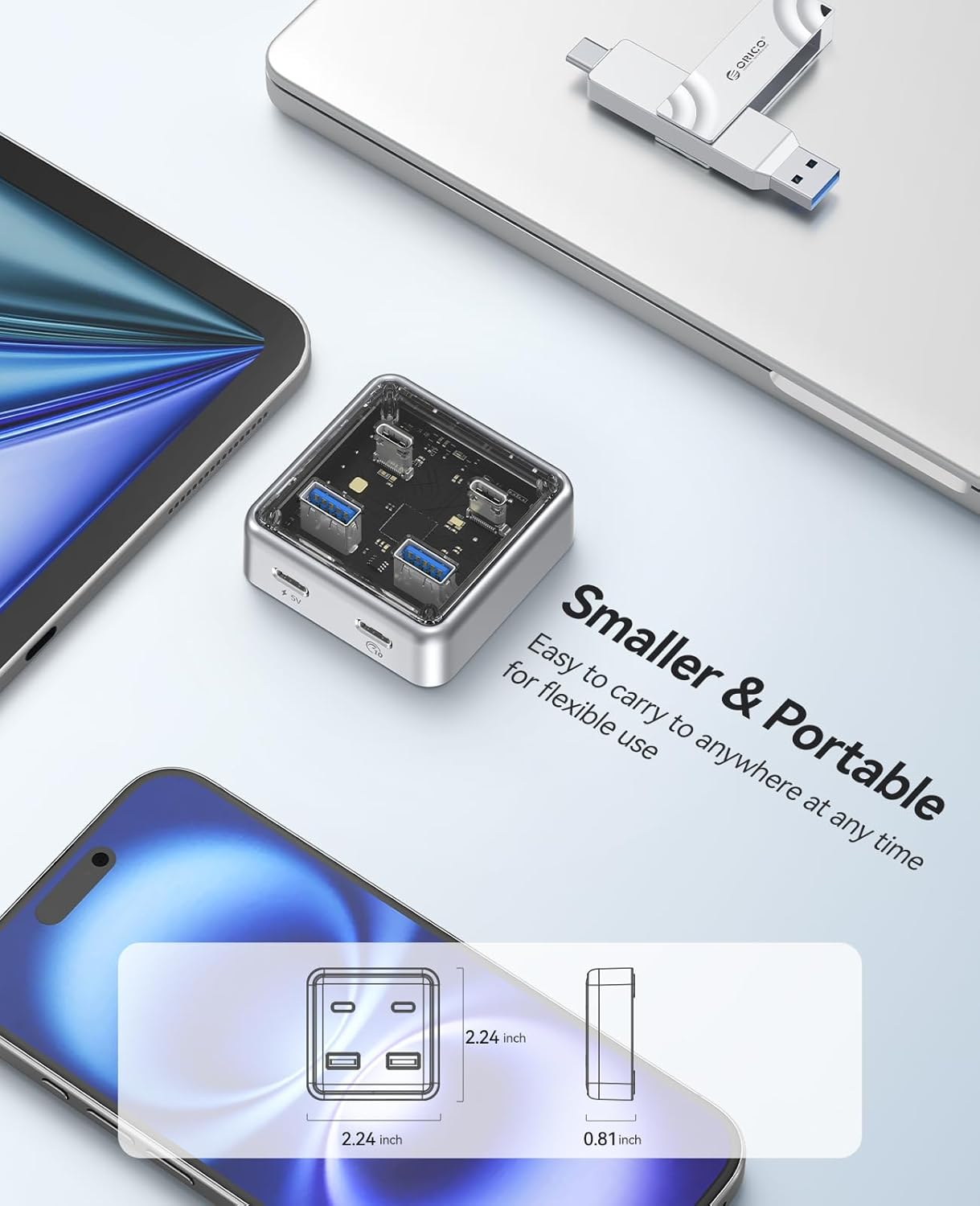 Silberner USB-C-Hub mit drei USB-A-Anschlüssen neben Tablet, Smartphone und Laptop.