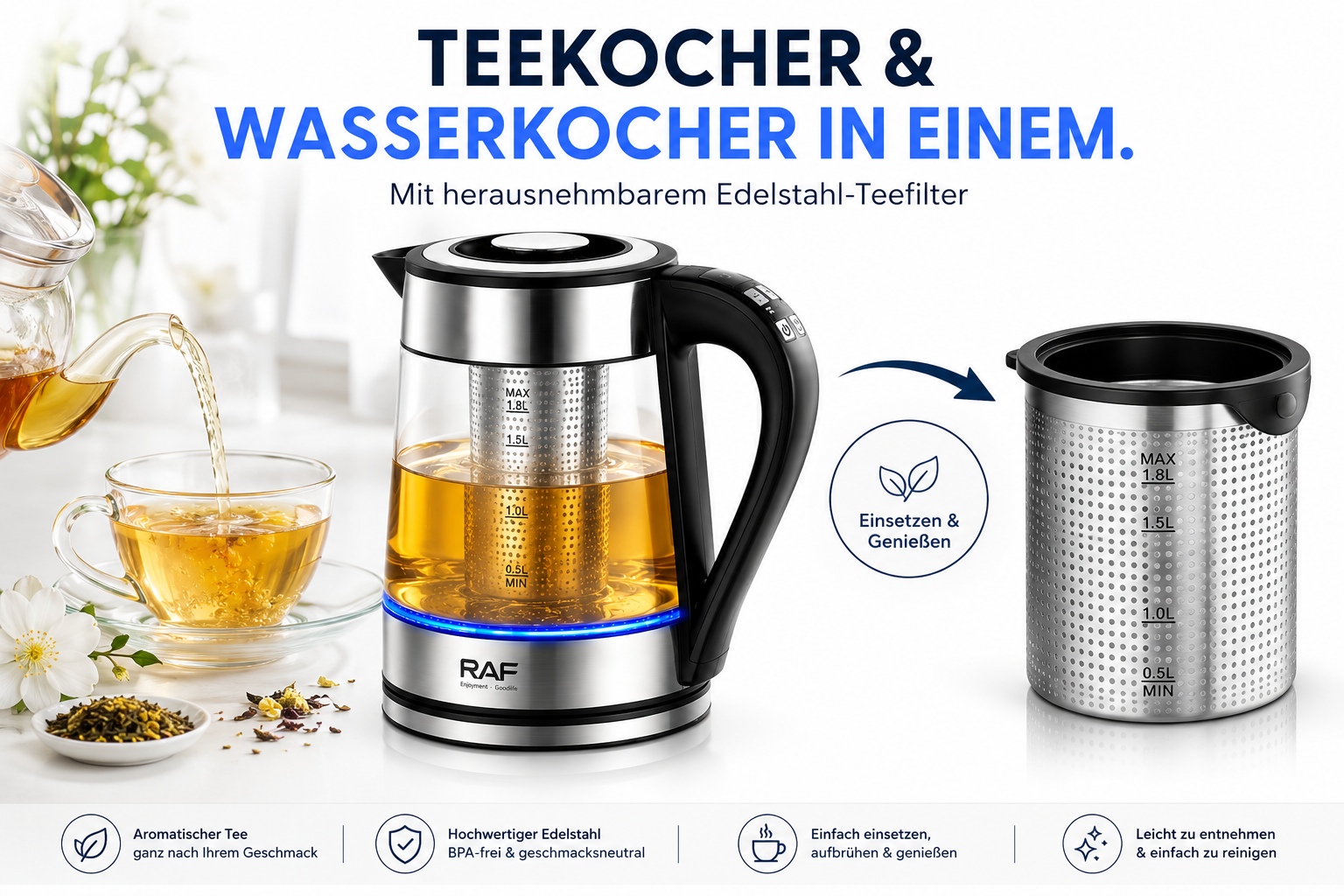 Glas-Teekocher mit herausnehmbarem Edelstahlfilter, daneben ein gefüllter Teebecher.