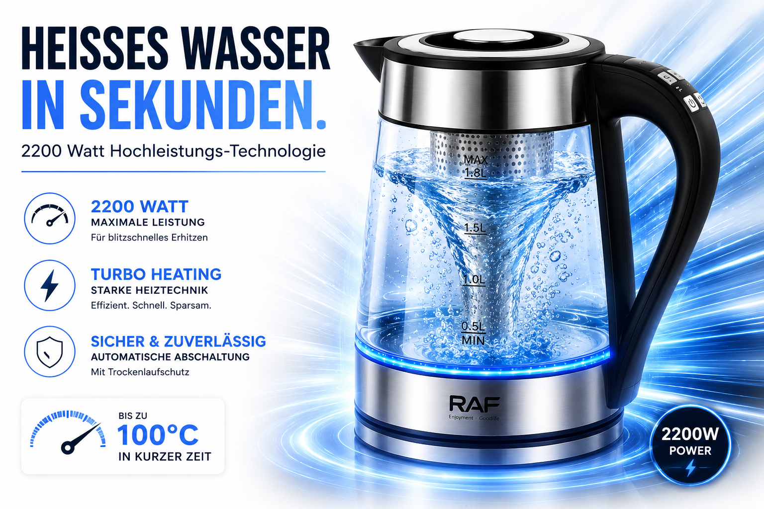 Ein Glas-Wasserkocher mit 2200W Leistung, der Wasser schnell erhitzt.