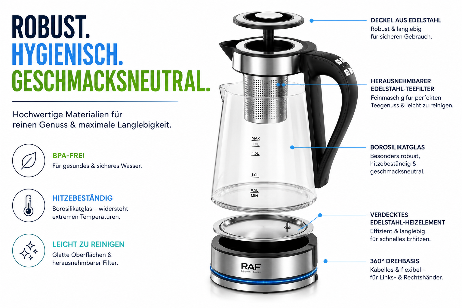 Glaswasserkocher mit Edelstahldetails, herausnehmbarem Filter und 360° Basis.