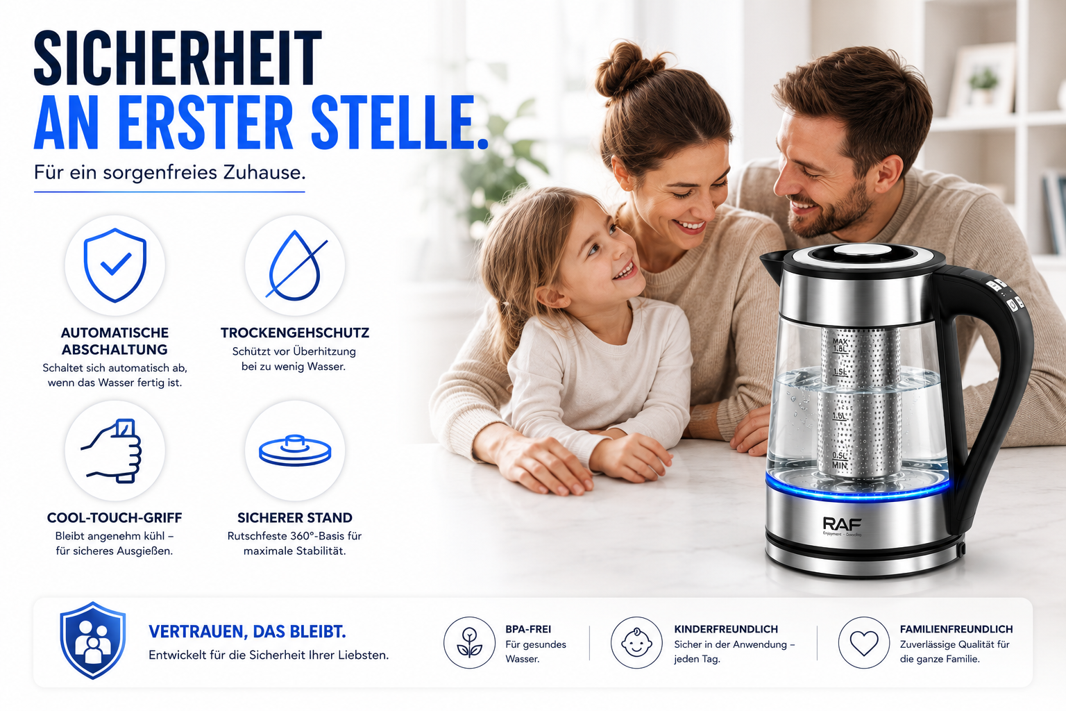 Familie schaut auf Wasserkocher. Text über Sicherheit.