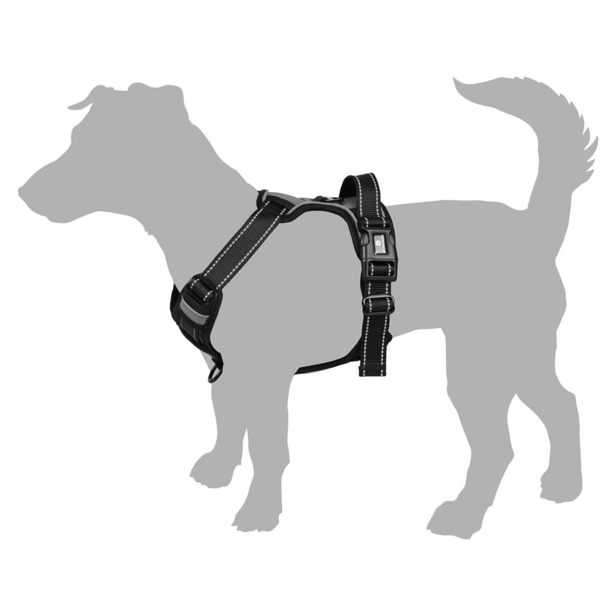 Ein schwarzer Hundegeschirr mit Reflektoren auf einem stilisierten Hund.