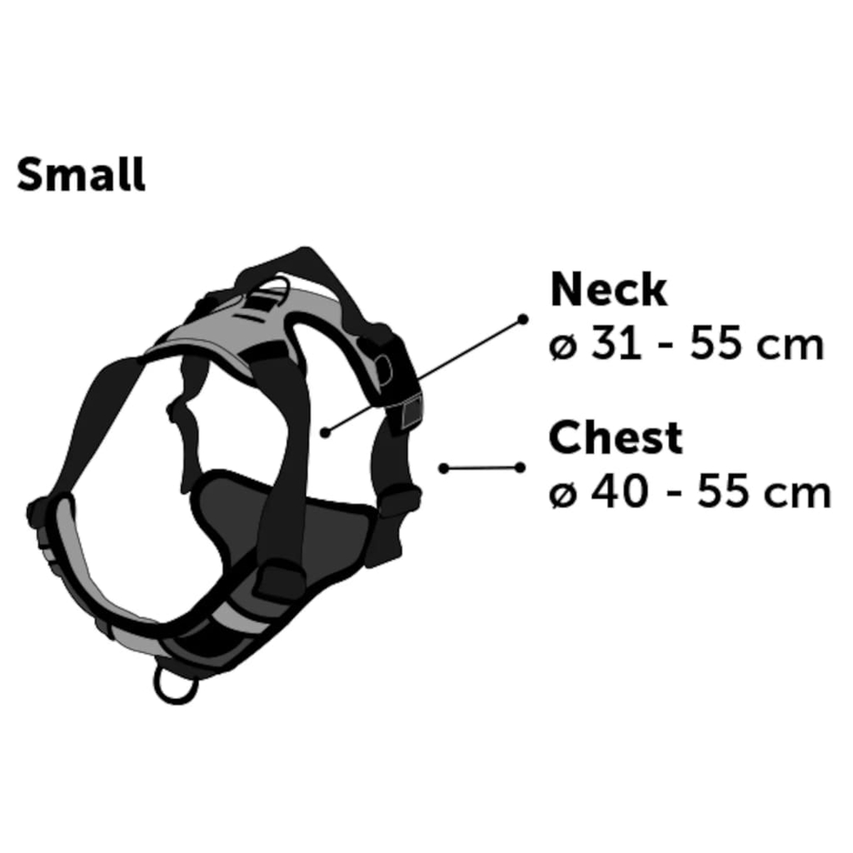 Kleines Hundegeschirr, Maße für Hals (31-55cm) und Brust (40-55cm).