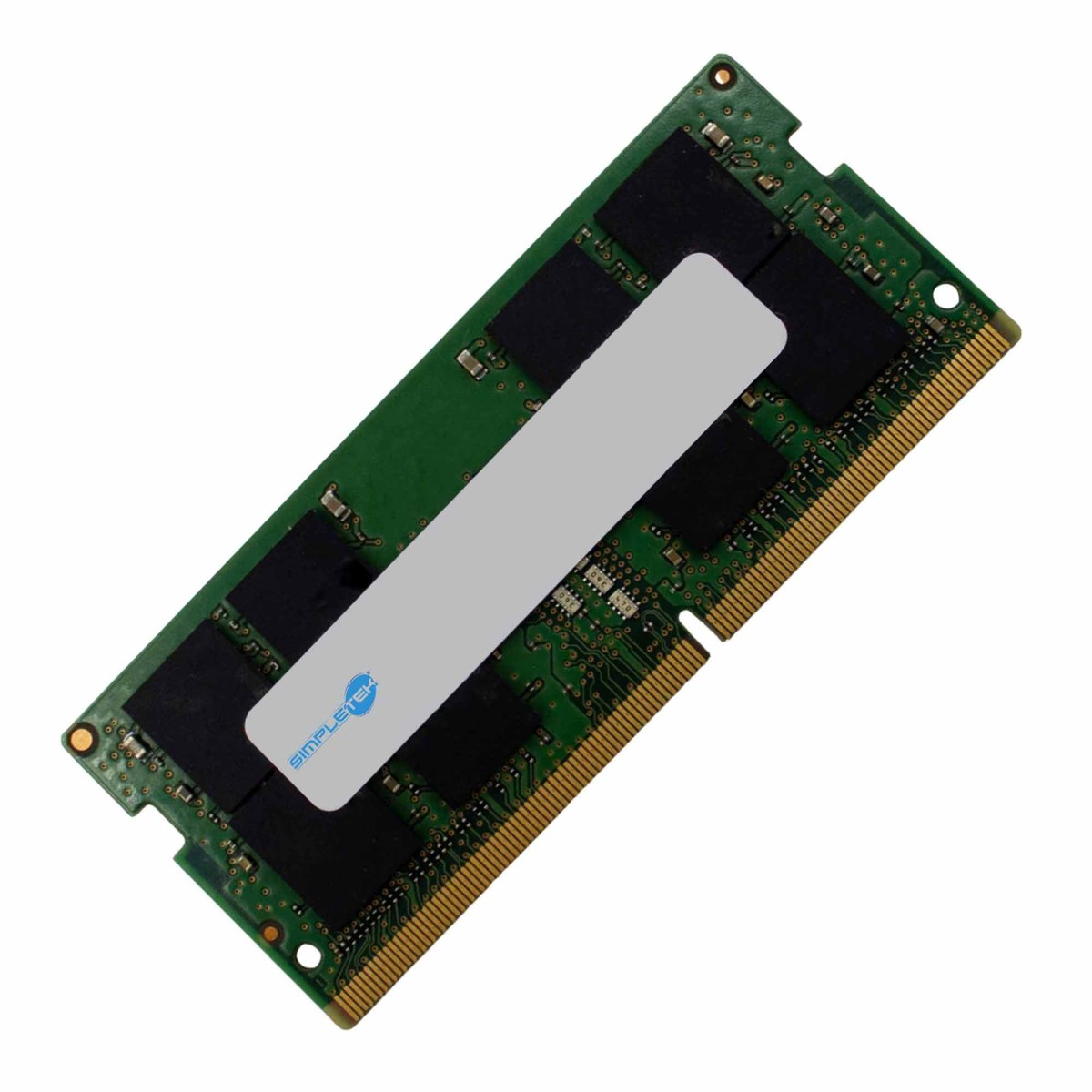 Placa de circuito verde con chips negros y etiqueta gris con logo azul.