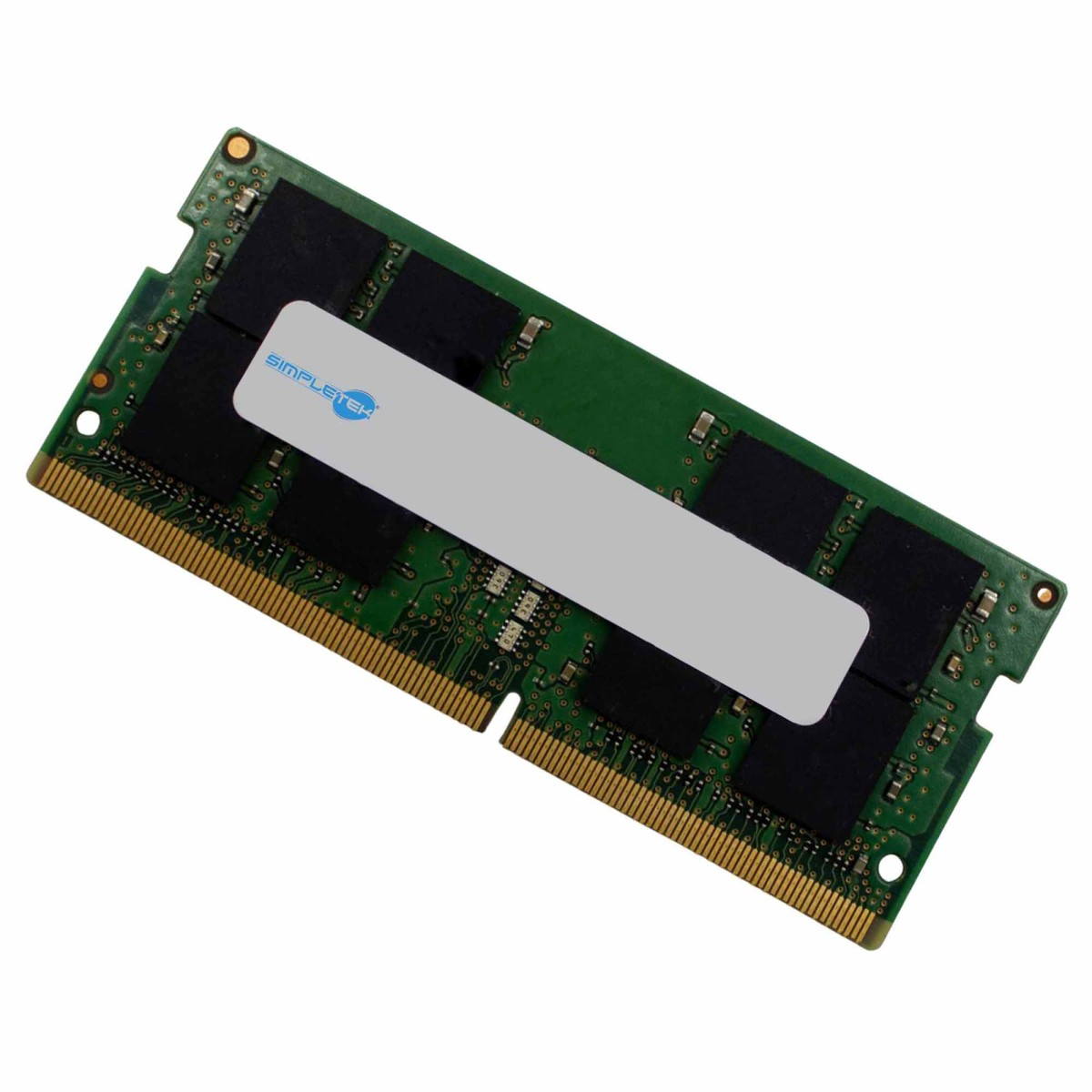 Memoria RAM en placa de circuito verde con chips negros y etiqueta blanca.
