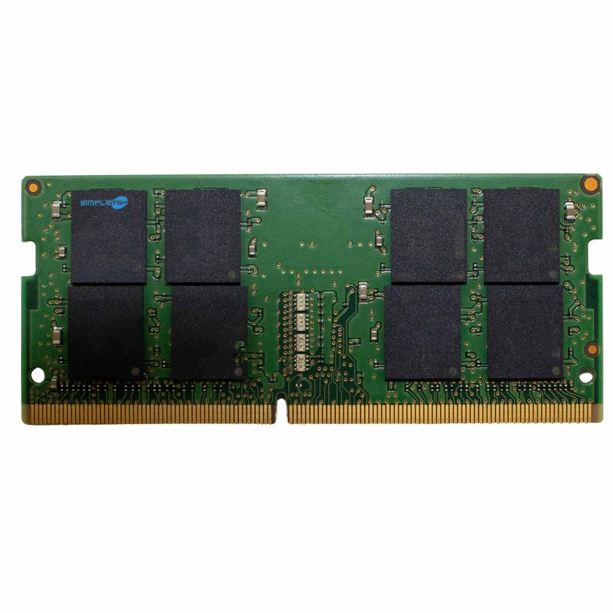 Un módulo RAM verde con chips negros y contactos dorados.