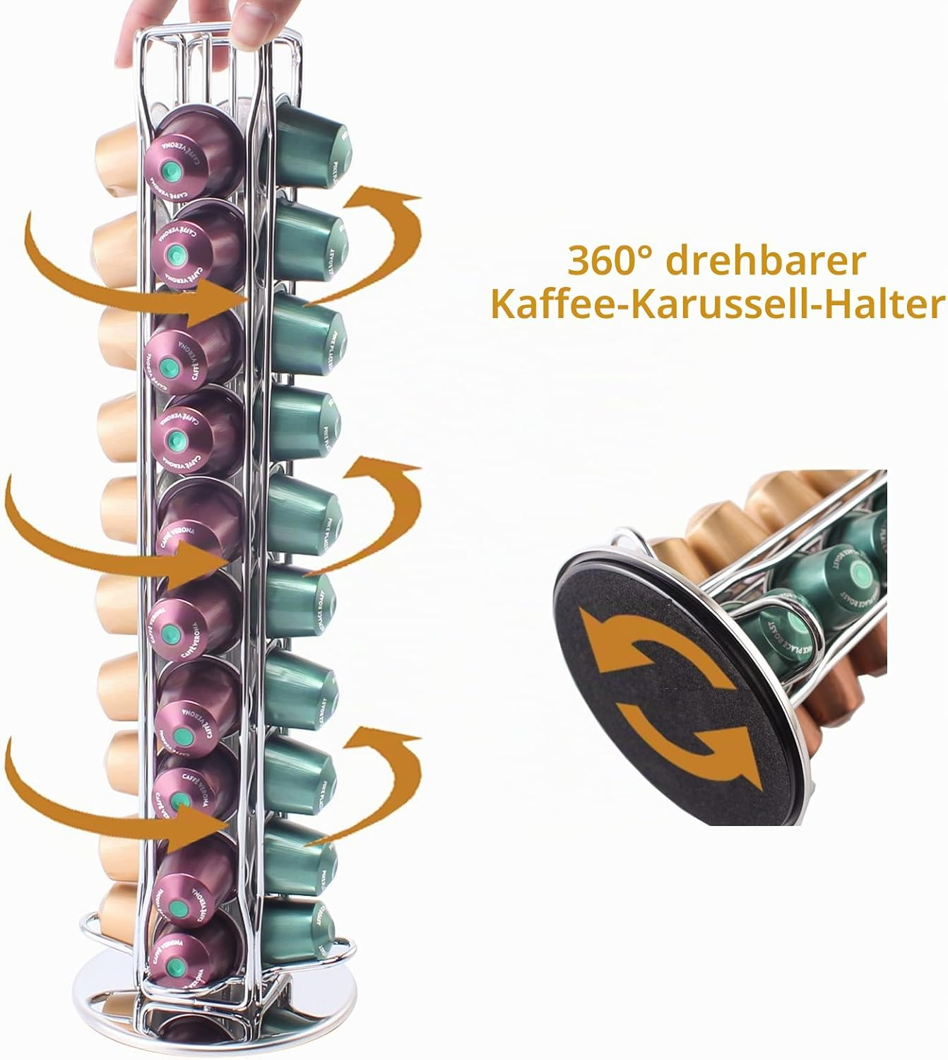Ein drehbarer Kaffeekapselhalter mit lila und grünen Kapseln.