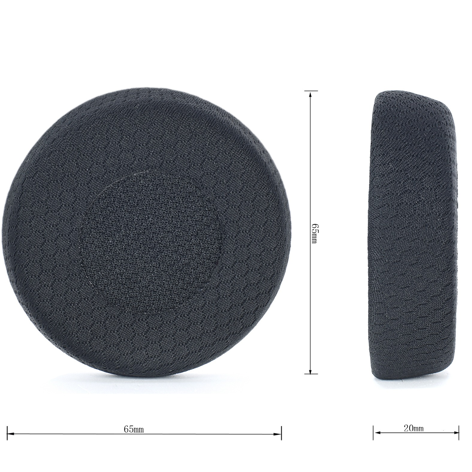 Schwarzes rundes Kopfhörer-Ohrpolster, 65mm Durchmesser, 20mm Dicke.