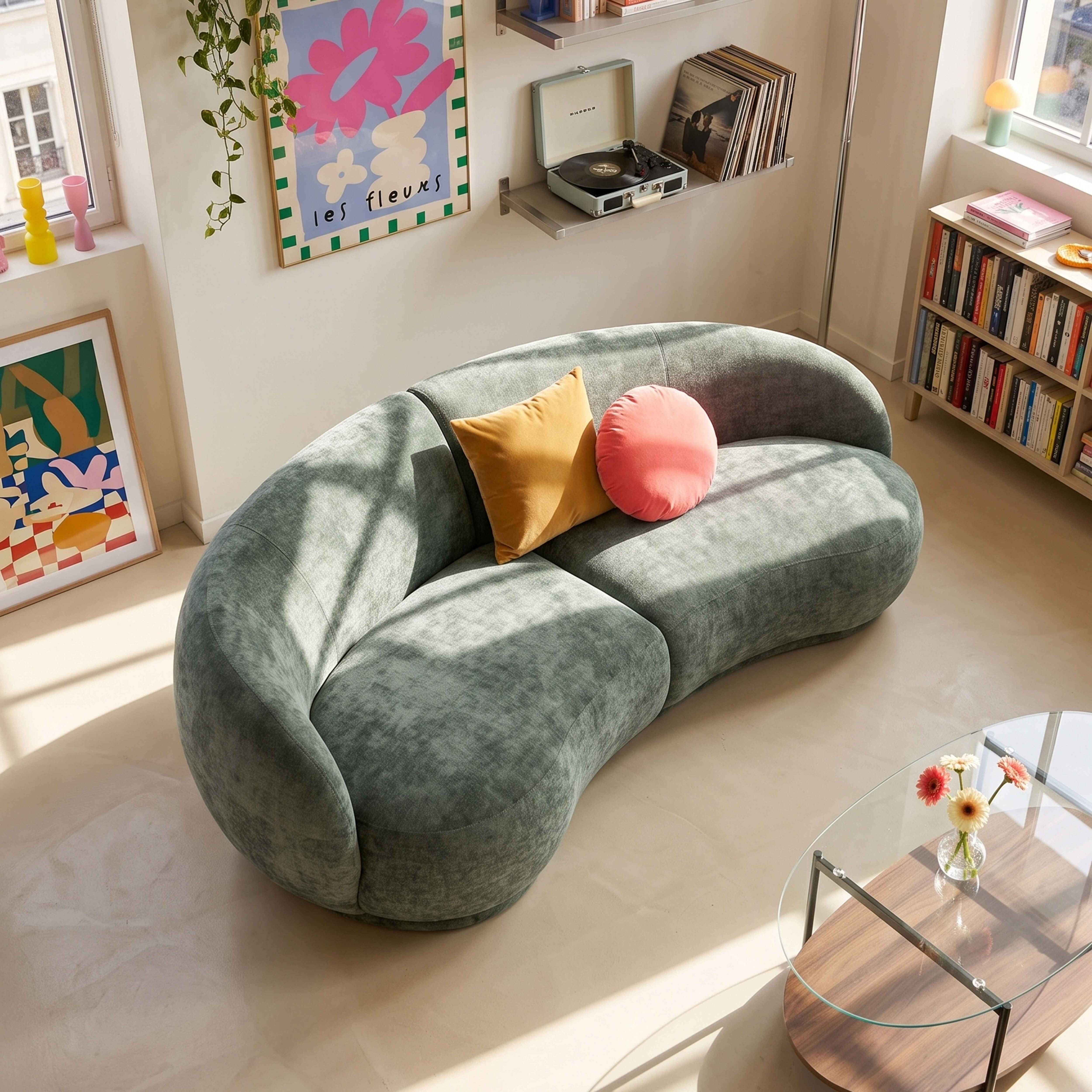 Ein graues, geschwungenes Sofa mit zwei Kissen vor einem Fenster mit einem Poster.