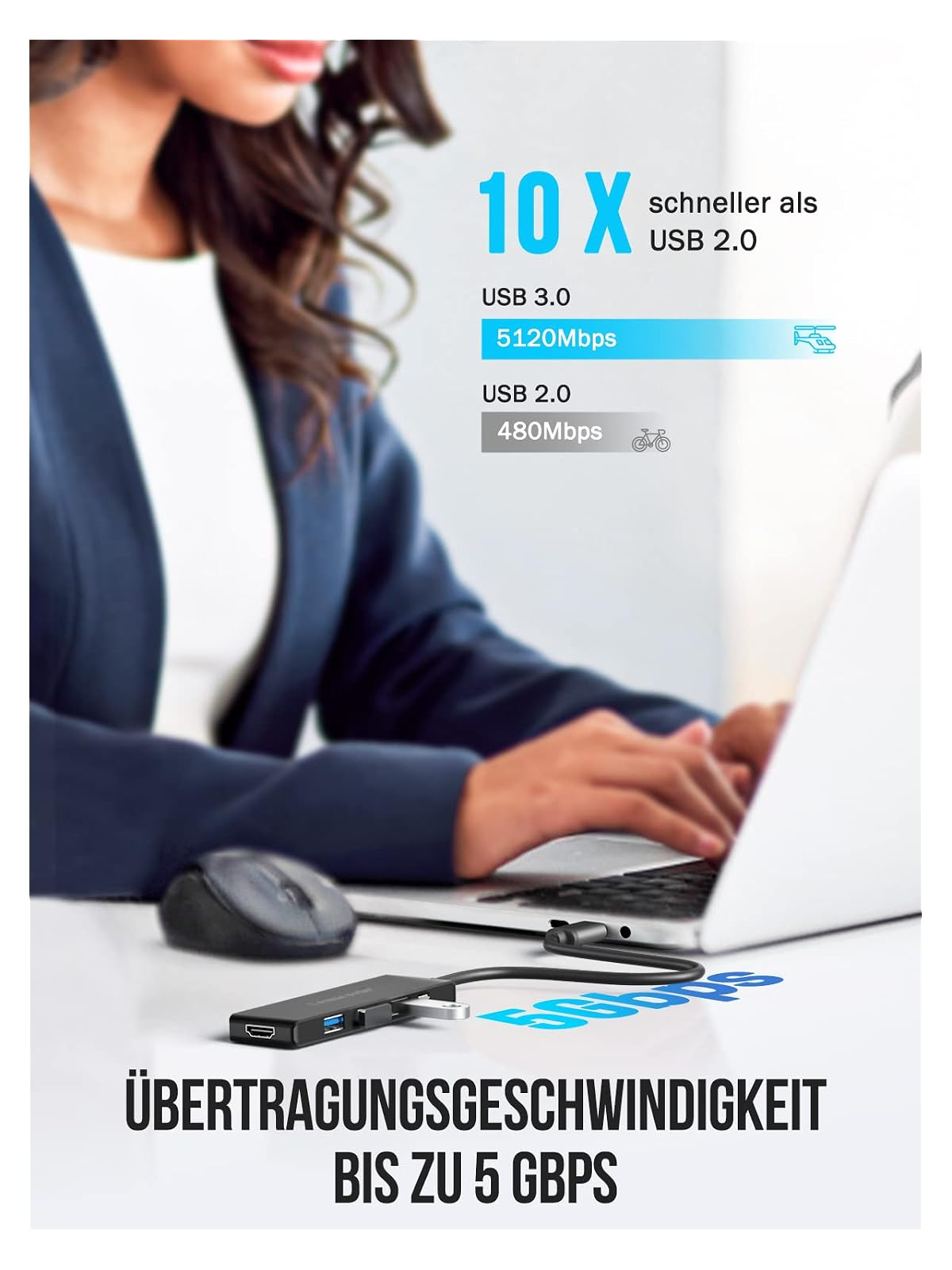USB-Hub mit 5 Gbit/s, 10x schneller als USB 2.0, 5120 Mbit/s vs 480 Mbit/s.