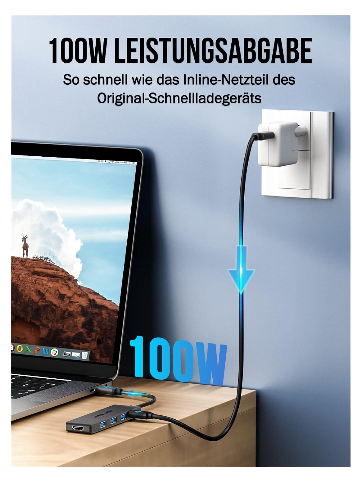 Ein Laptop ist mit einem USB-C-Hub verbunden, der an eine Steckdose angeschlossen ist.