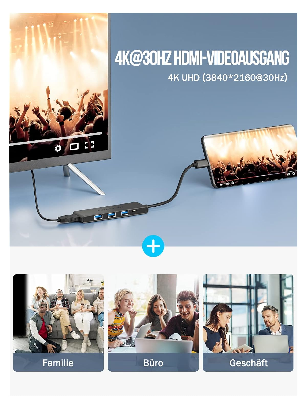 Ein USB-C-Hub verbindet einen Monitor und ein Smartphone, die beide eine Menschenmenge zeigen.