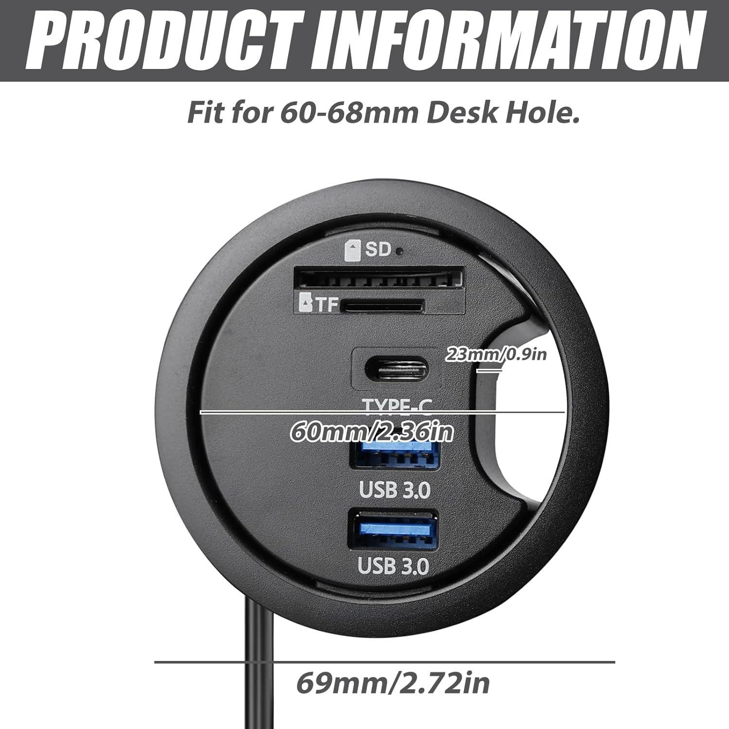Schwarzer Schreibtisch-Hub mit SD, TF, Typ-C und 2 USB 3.0 Anschlüssen.