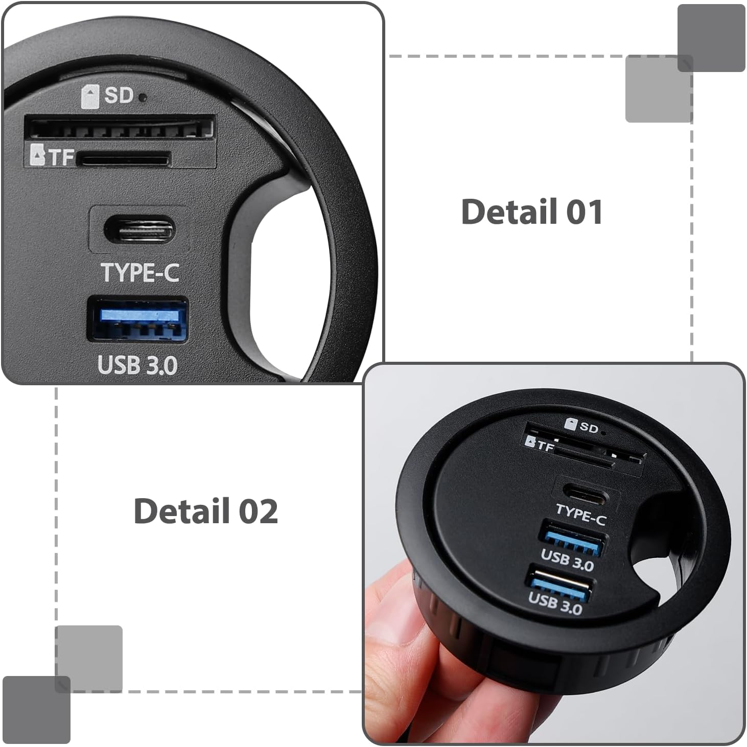 Schwarzer USB-Hub mit SD-, TF-, Typ-C- und zwei USB 3.0-Anschlüssen.