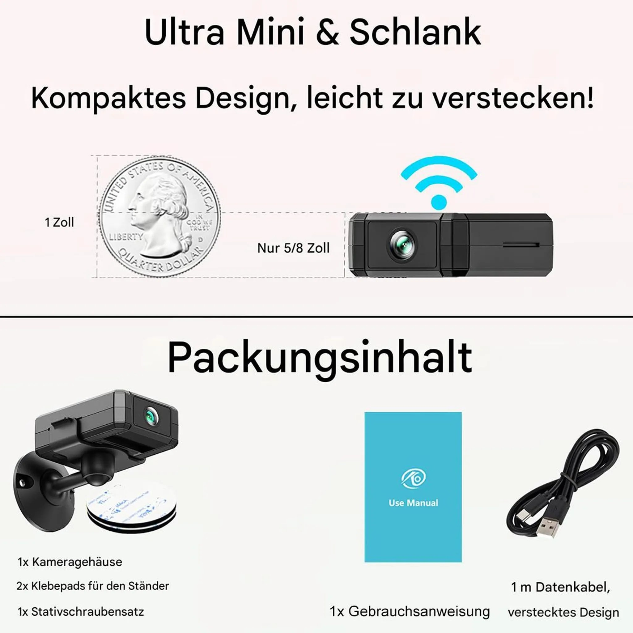 Kompakte Kamera, Münze zum Größenvergleich, Gebrauchsanweisung und Kabel.