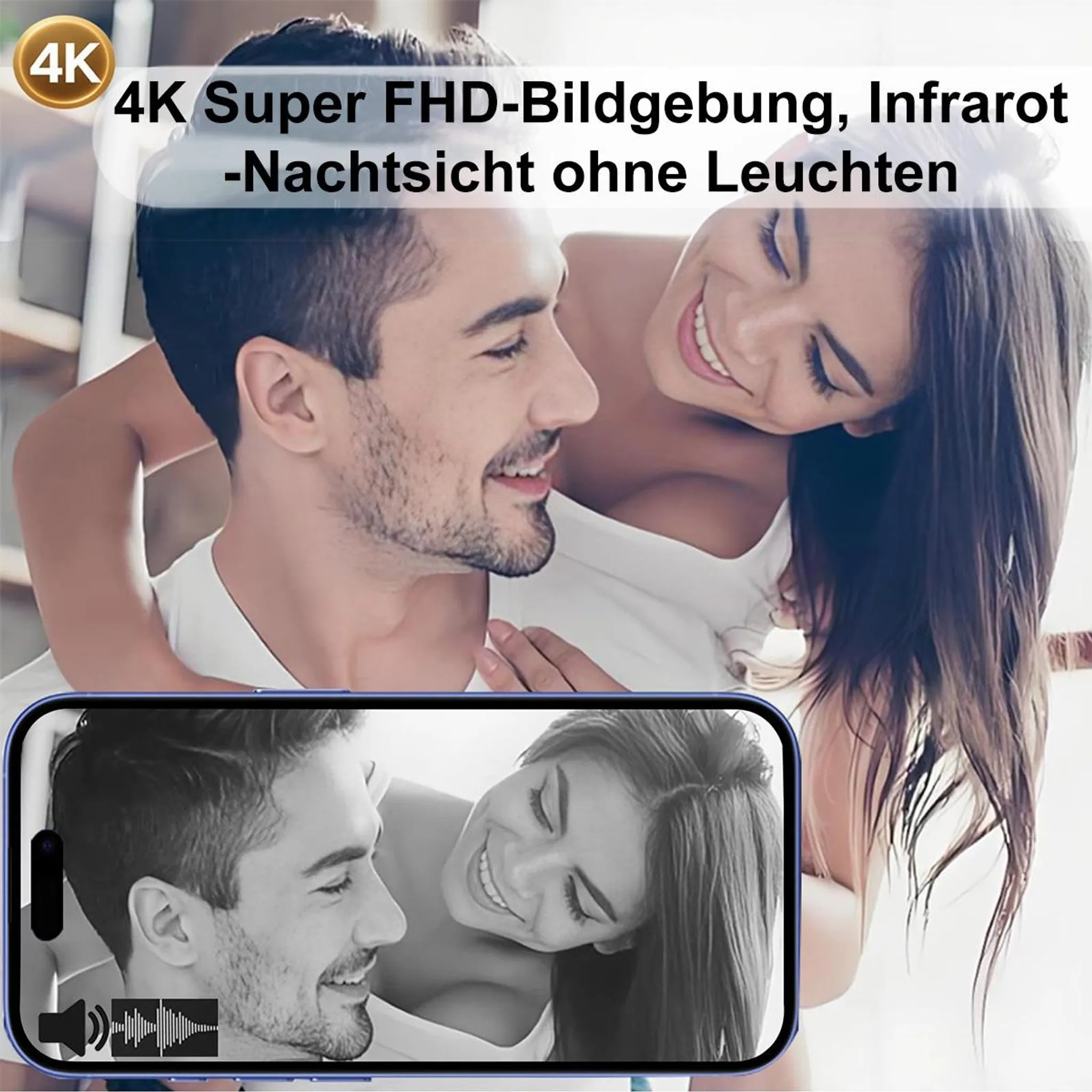 Ein Mann und eine Frau umarmen sich, mit 4K-Logo und Text im Vordergrund.
