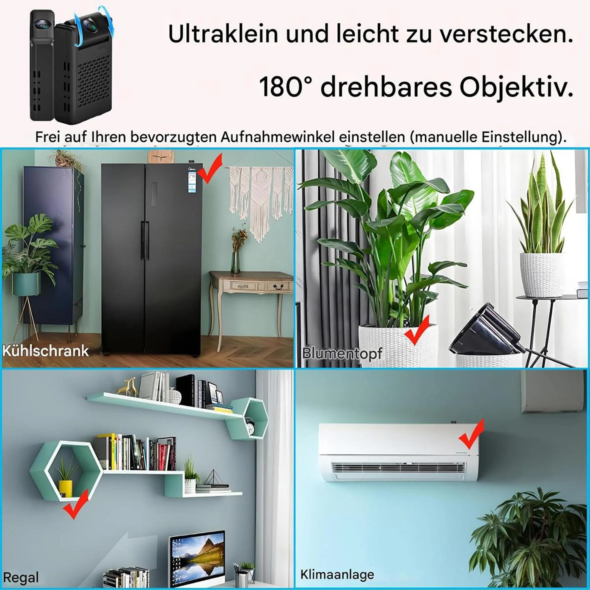 Vier Szenen: Kühlschrank, Pflanzen, Regale und Klimaanlage.
