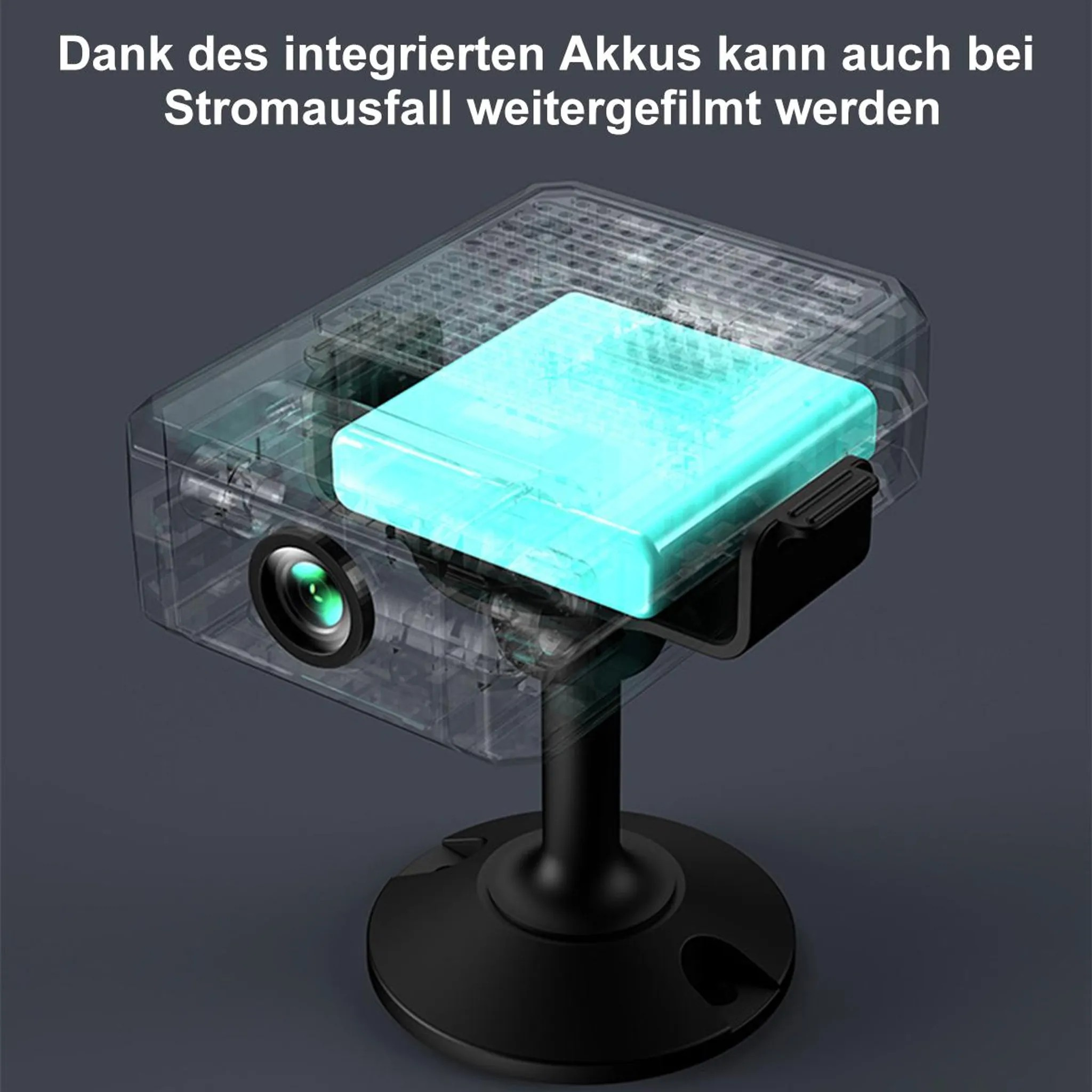 Ein transparenter Projektor mit blauem Akku auf einem schwarzen Ständer.
