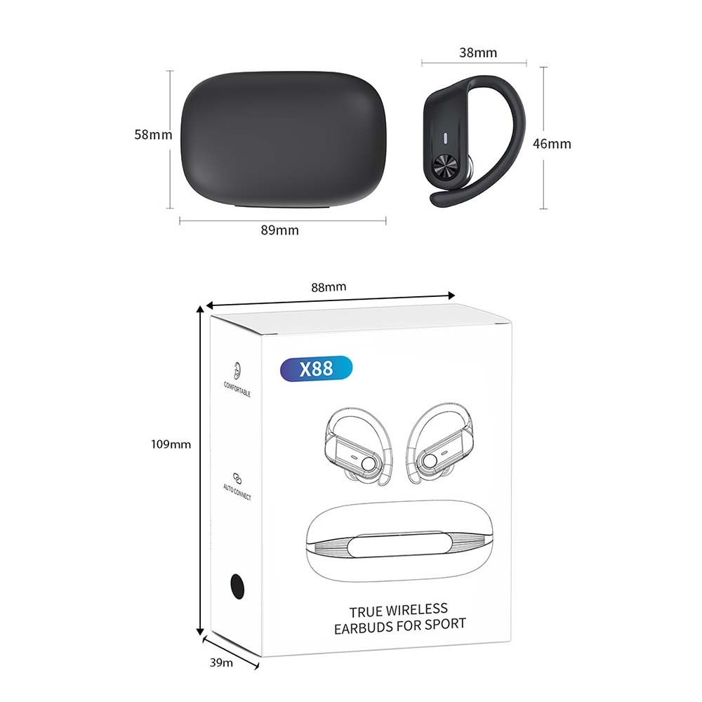 Abmessungen von True Wireless Ohrhörern und ihrer Verpackung.