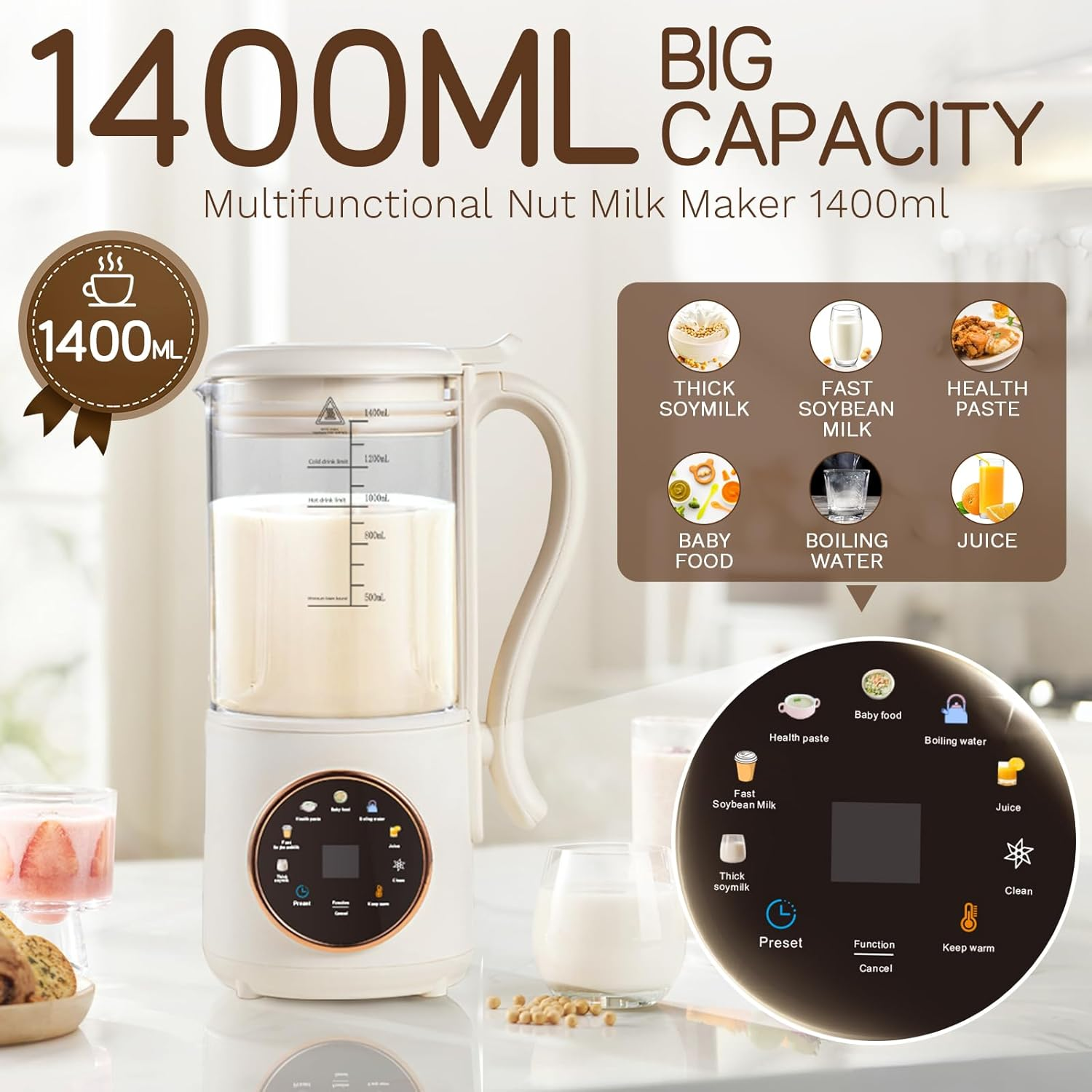 Ein beiger 1400ml Nussmilchbereiter mit Digitaldisplay, umgeben von Funktionssymbolen und Gläsern mit Milch.