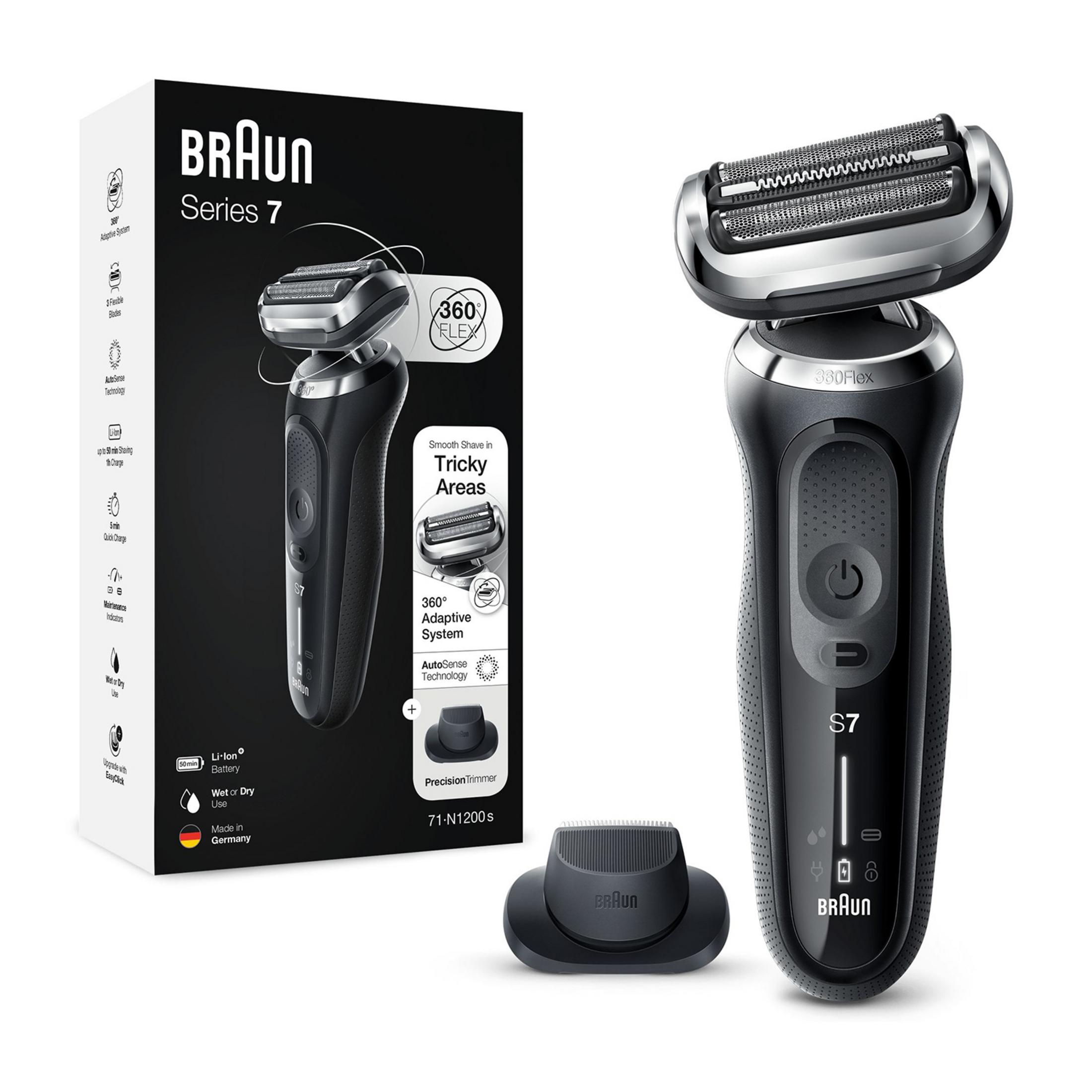 Un rasoio elettrico Braun Series 7 nero e accessori su sfondo bianco.