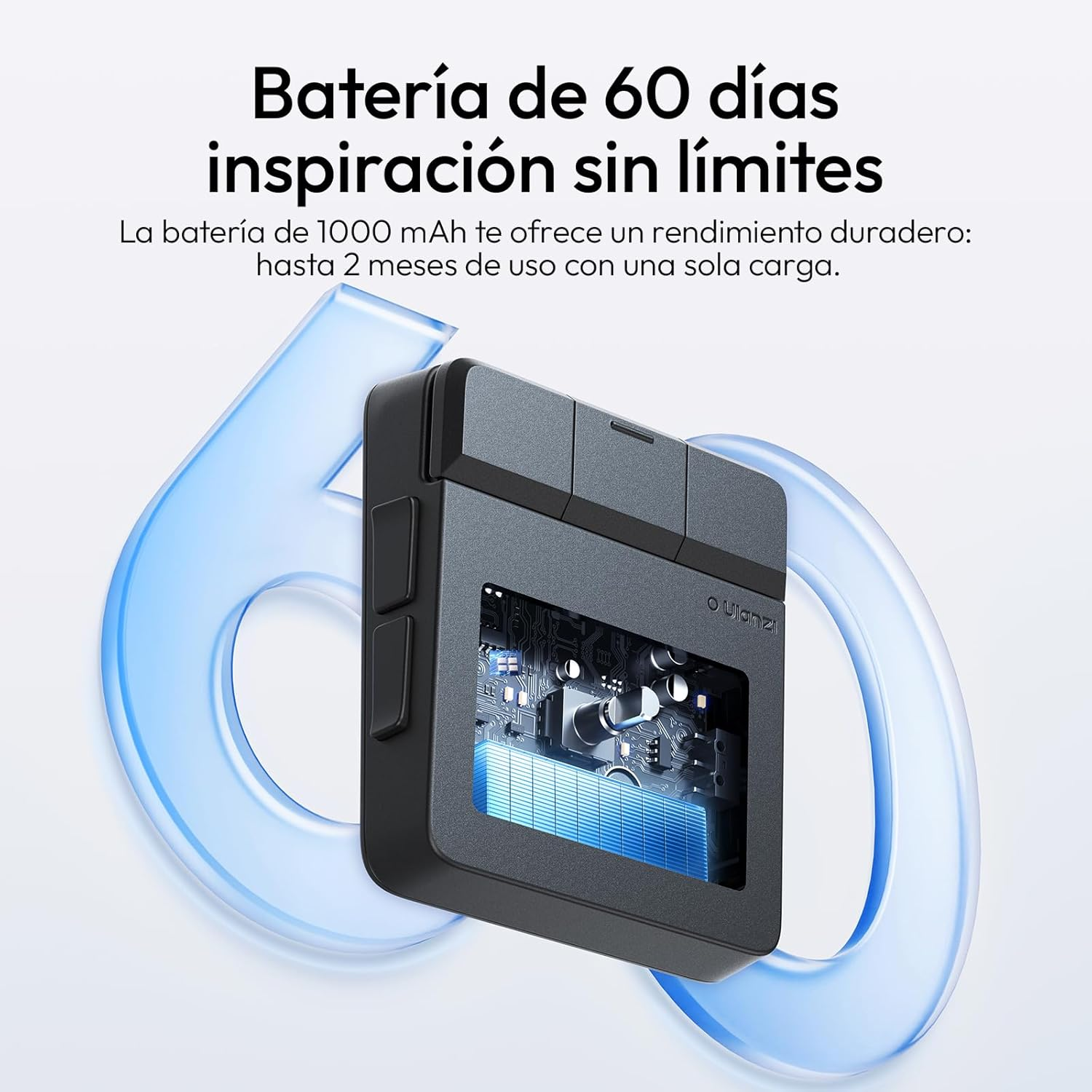 Dispositivo gris con batería visible y anillos azules. Texto en español.