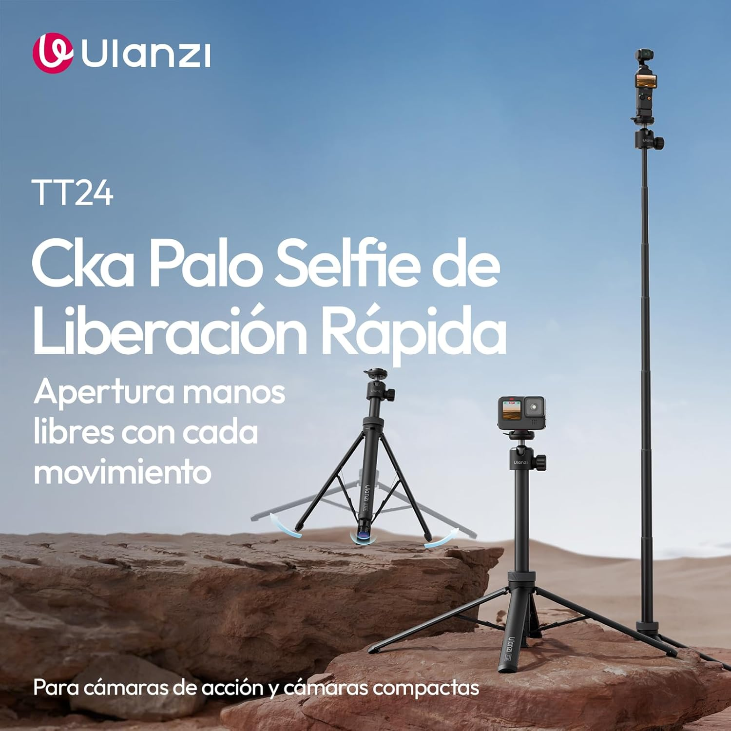 Tres trípodes selfie Ulanzi TT24 con cámaras sobre suelo rocoso y cielo azul.