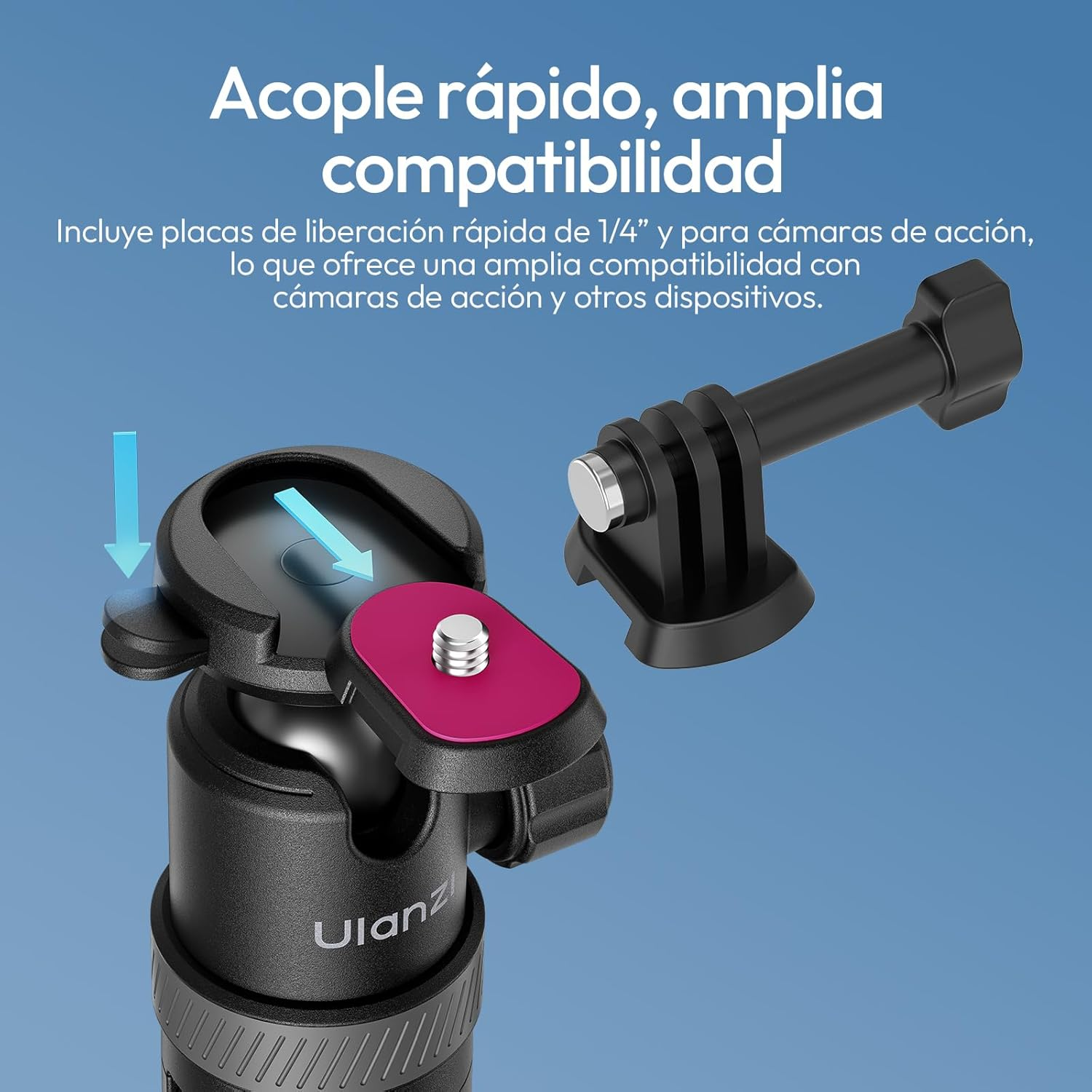Un adaptador de montaje de cámara negro con placa de liberación rápida sobre fondo azul.