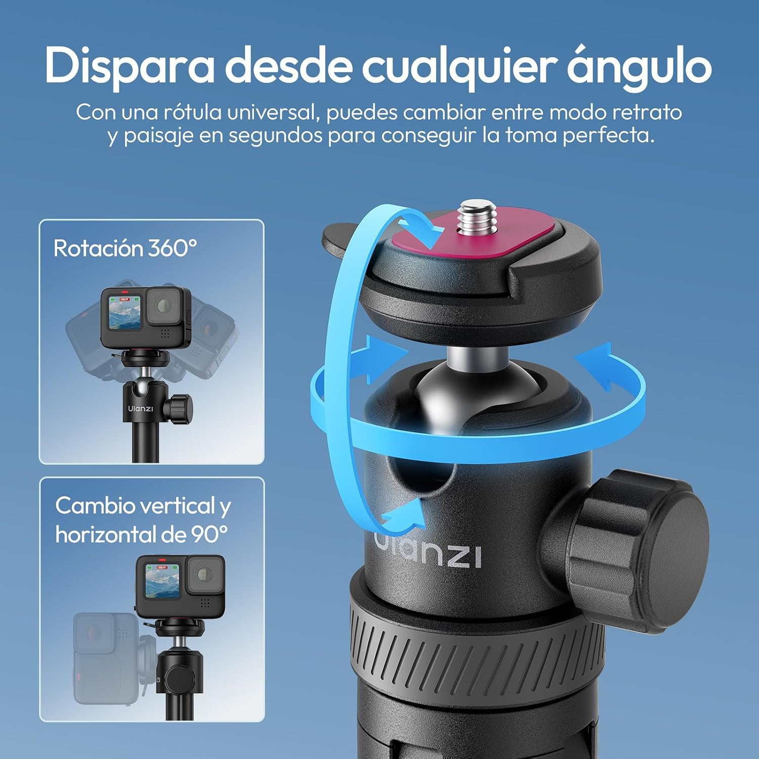 Cabezal de trípode para cámara con rotación 360° e inclinación 90° para tomas retrato/paisaje.