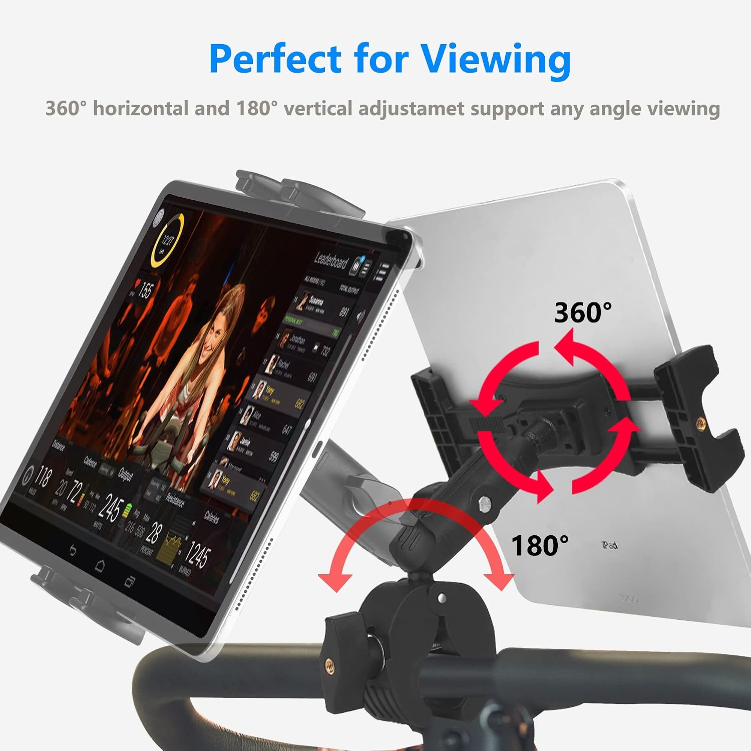 Fahrradhalterung mit Tablet, zeigt 360° und 180° Verstellbarkeit an.