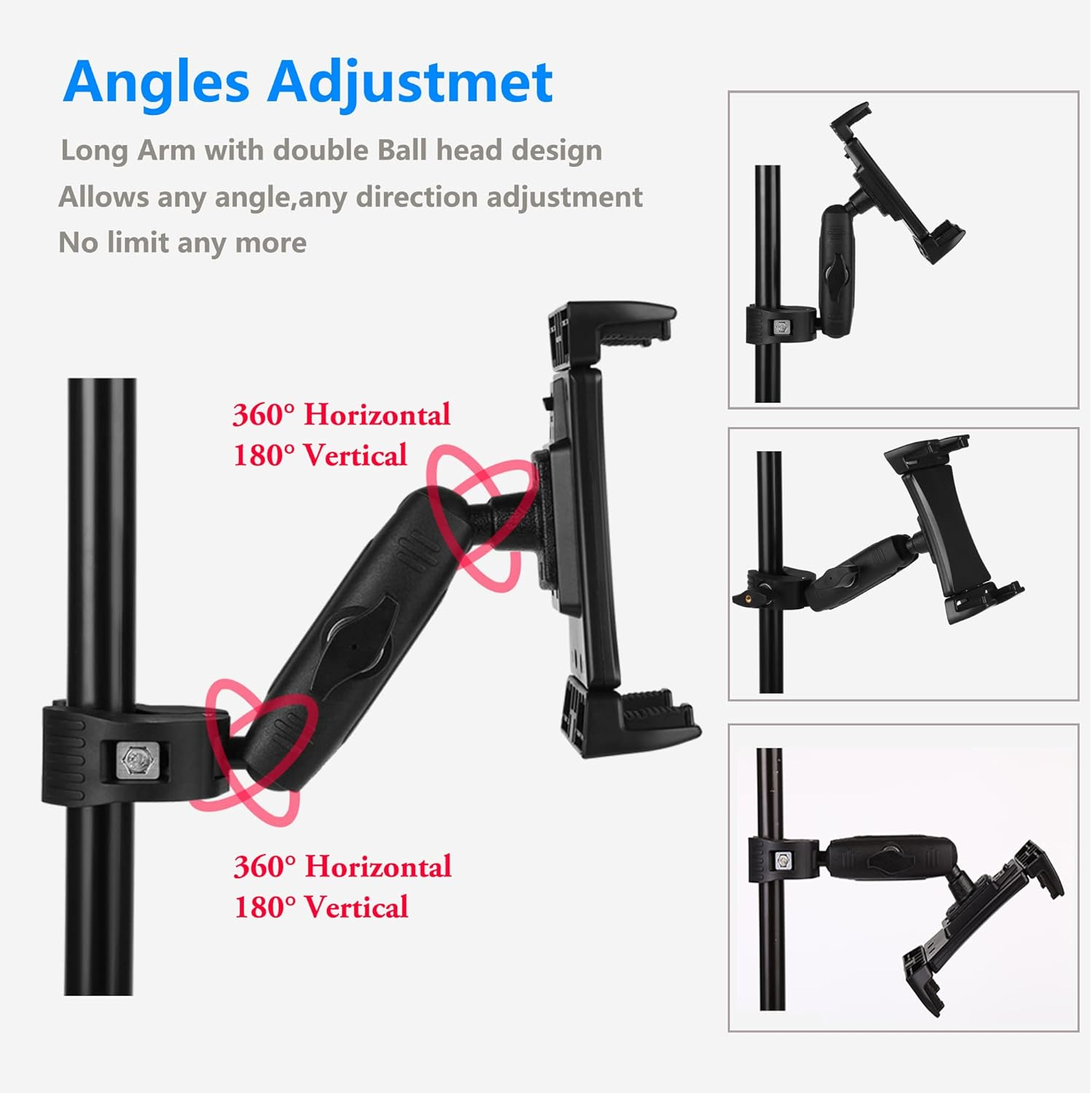 Schwarzer Halter mit Kugelgelenkarm für Tablets, verstellbar in alle Richtungen.