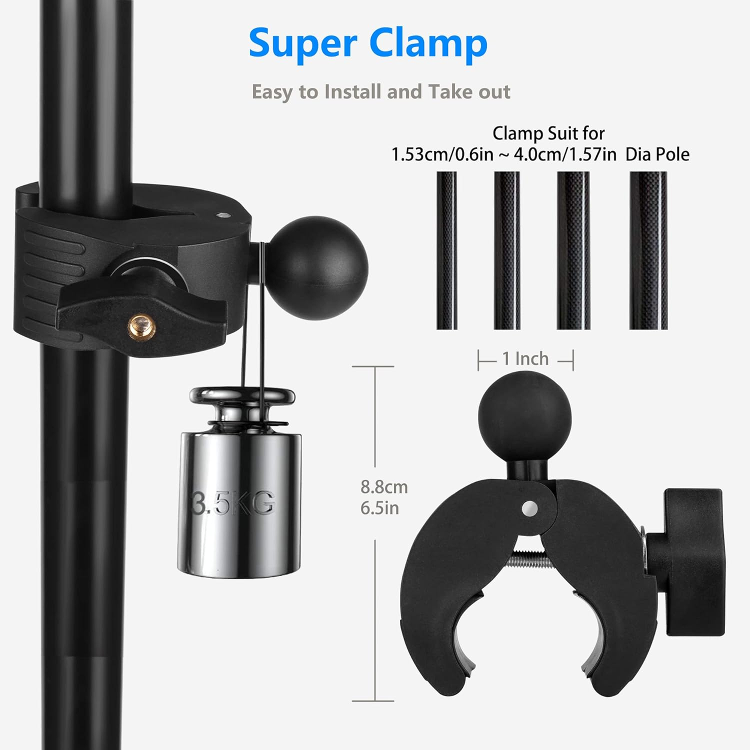 Super Clamp hält 3.5kg an Stange von 0.6-1.57in. Einfach zu installieren.
