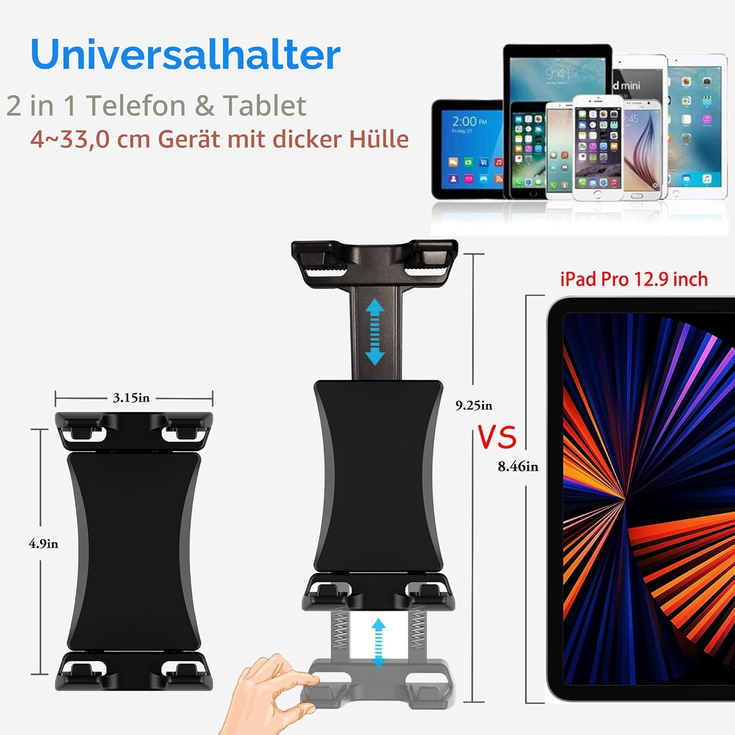 Universallhalter für 2-in-1-Telefone und Tablets, 4-33cm, mit Hülle.