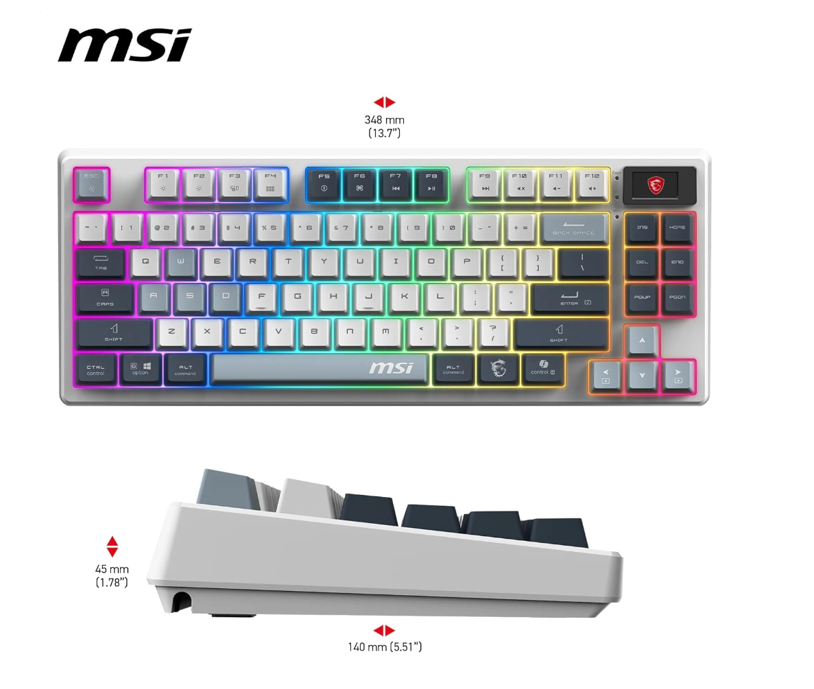 Teclado MSI blanco con iluminación RGB y vista lateral.