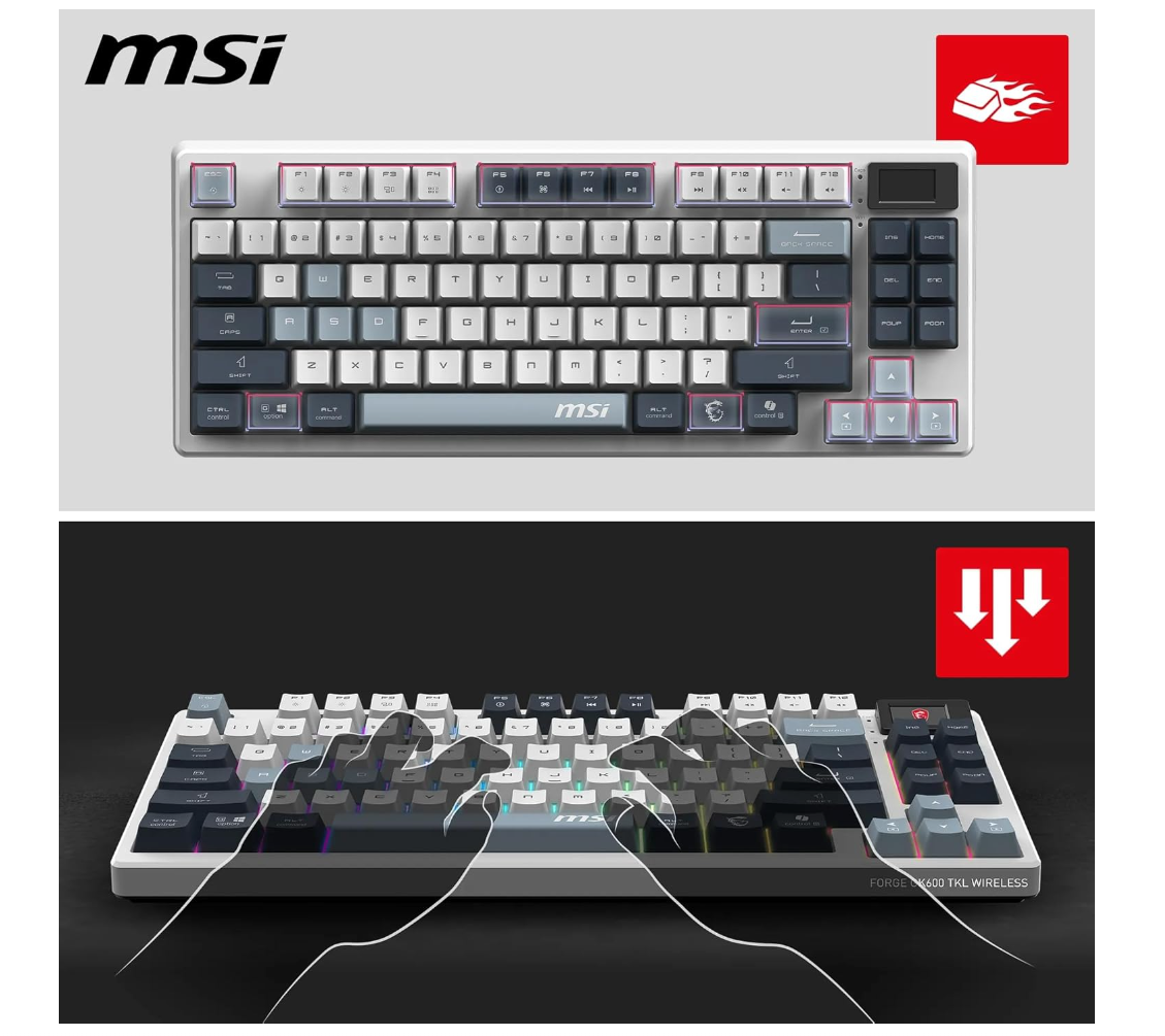 Logotipo de MSI sobre un teclado blanco con iluminación RGB. Manos cerca de las teclas.
