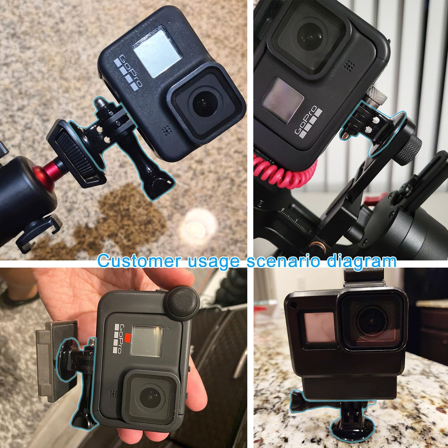 Cuatro vistas de una cámara GoPro sujeta a varios soportes.