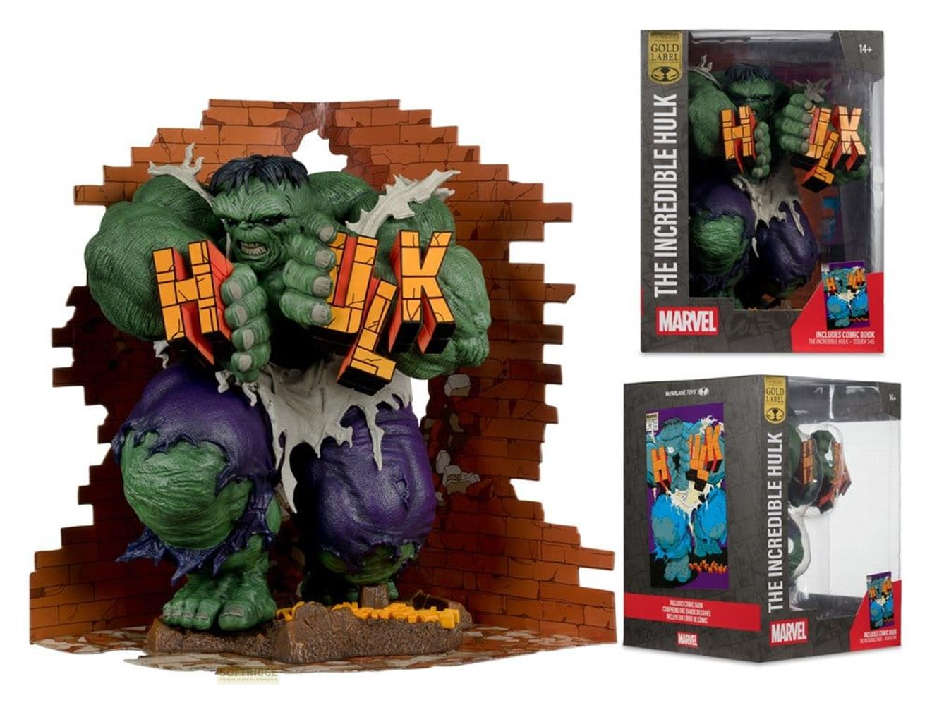 Statua di Hulk che sfonda un muro, tiene lettere 'HULK', in scatola accanto.