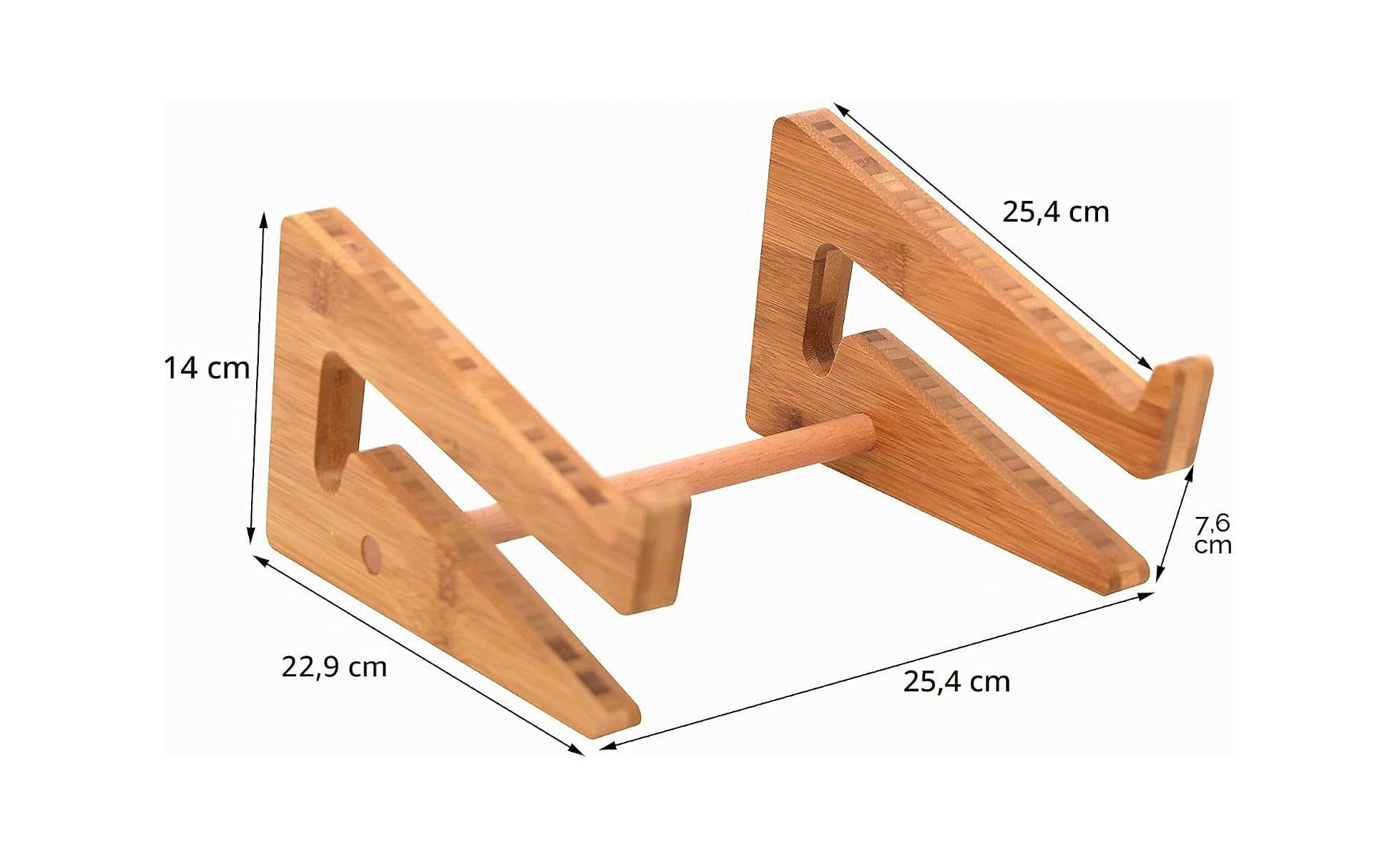 Zwei hölzerne Laptopständer mit Maßen: 25,4 cm Länge, 14 cm Höhe, 22,9 cm Breite.