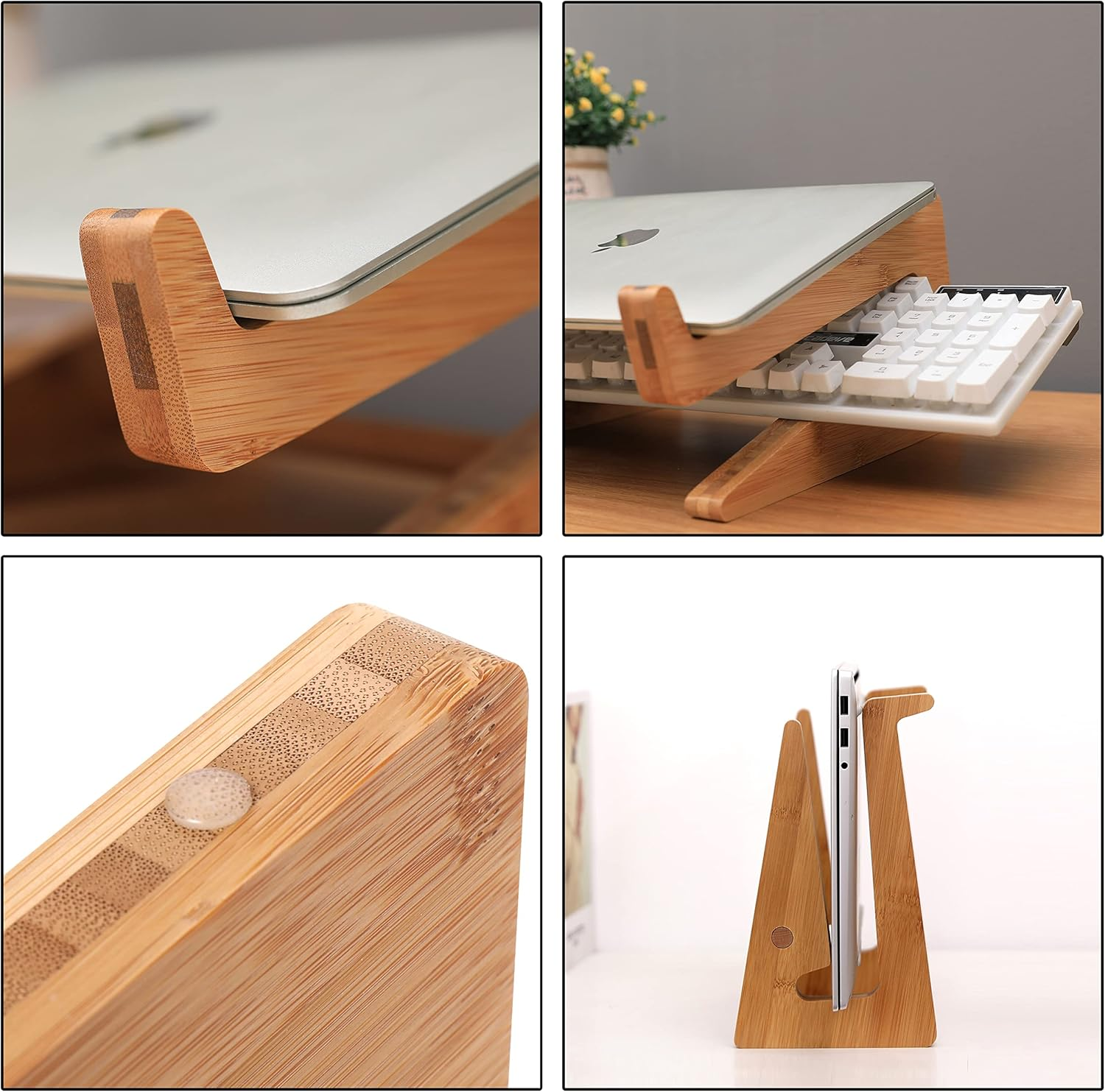 Ein hölzerner Laptopständer mit Laptop und Tastatur.