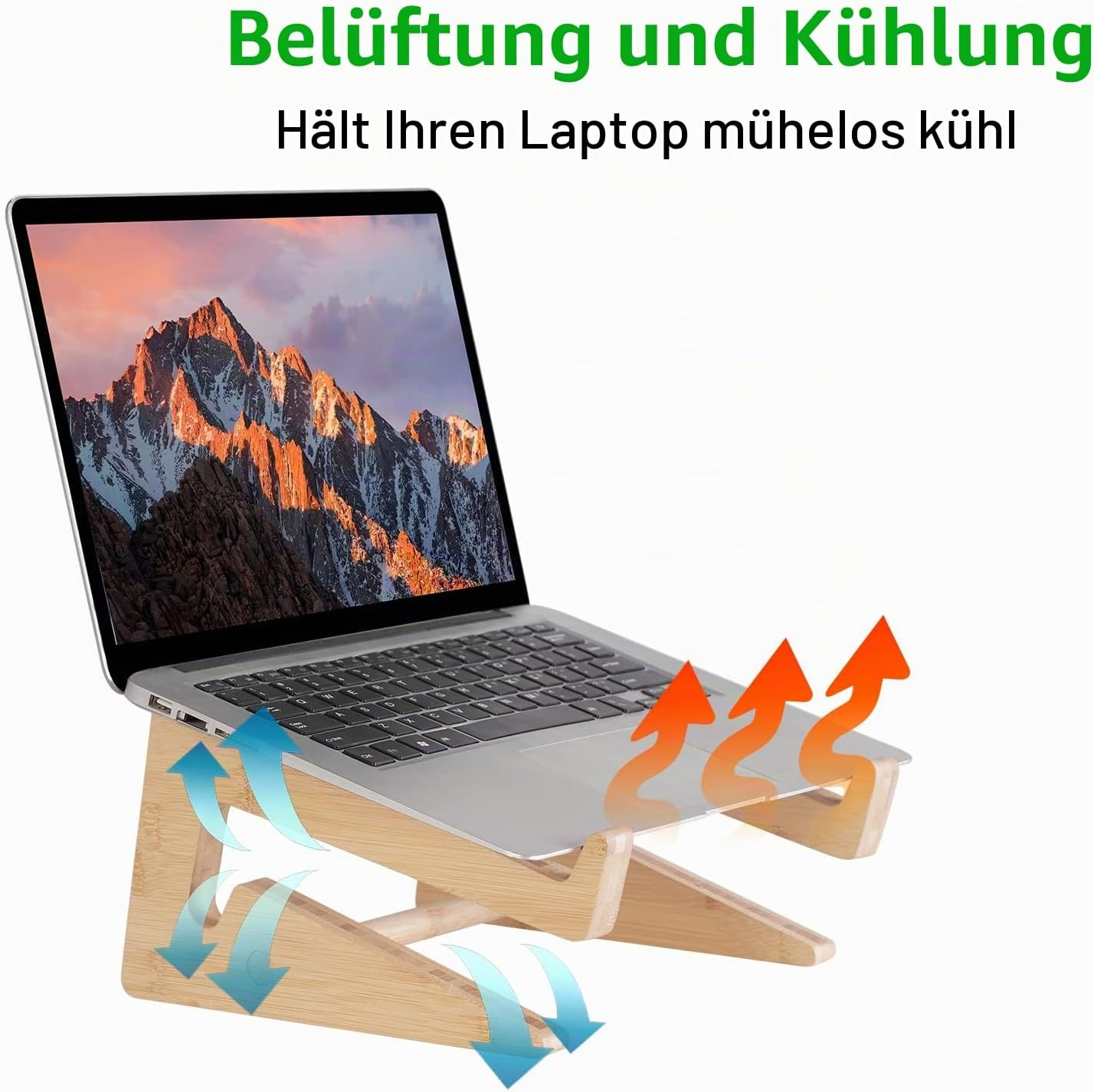 Laptopständer aus Holz mit Pfeilen, die Belüftung für Kühlung anzeigen.