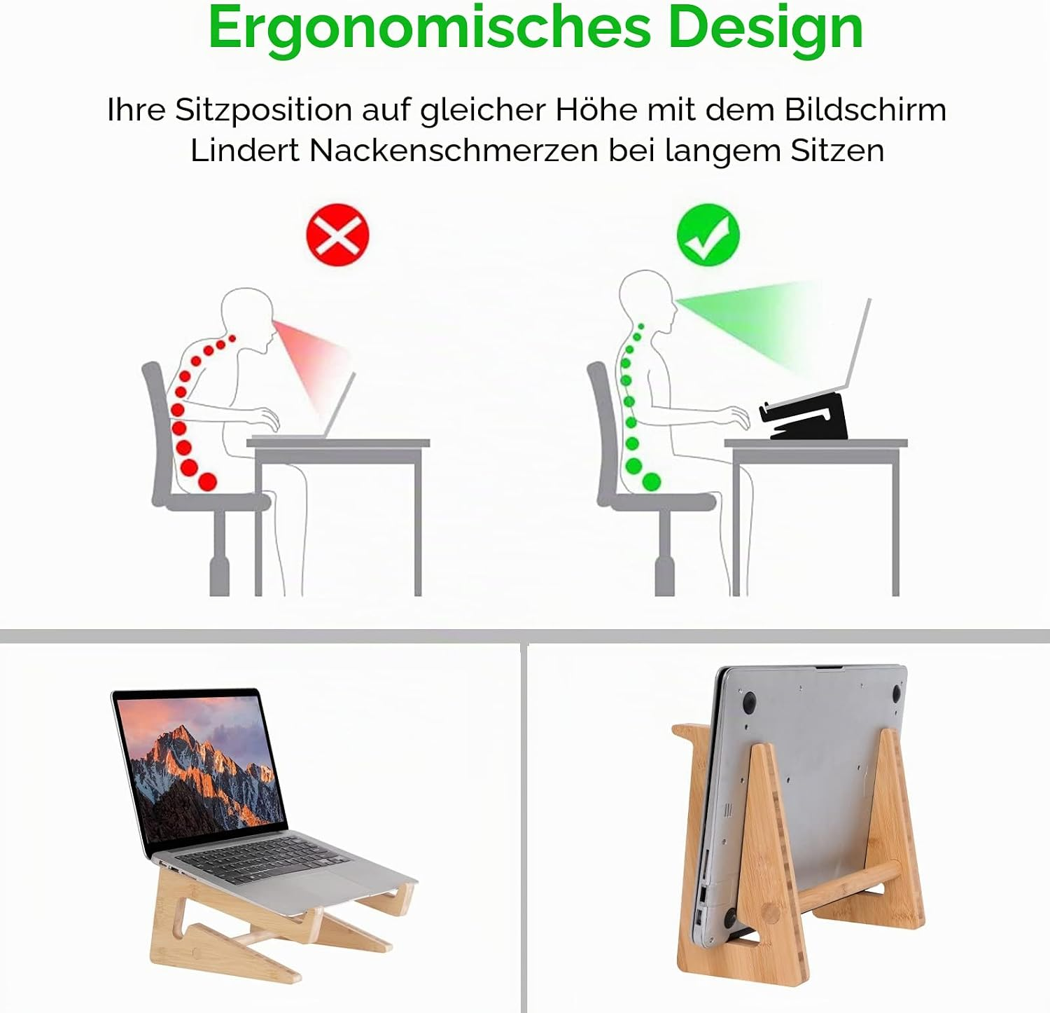 Ergonomisches Design: Veranschaulicht korrekte und falsche Sitzhaltung, zeigt Laptop-Ständer.