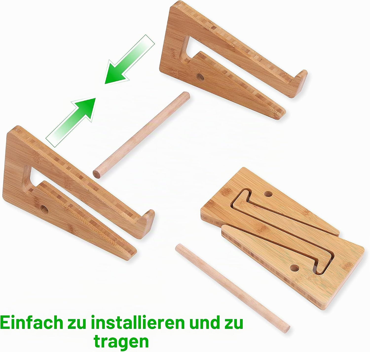 Zusammenbau eines hölzernen Laptopständers mit zwei Teilen und zwei Stäben.